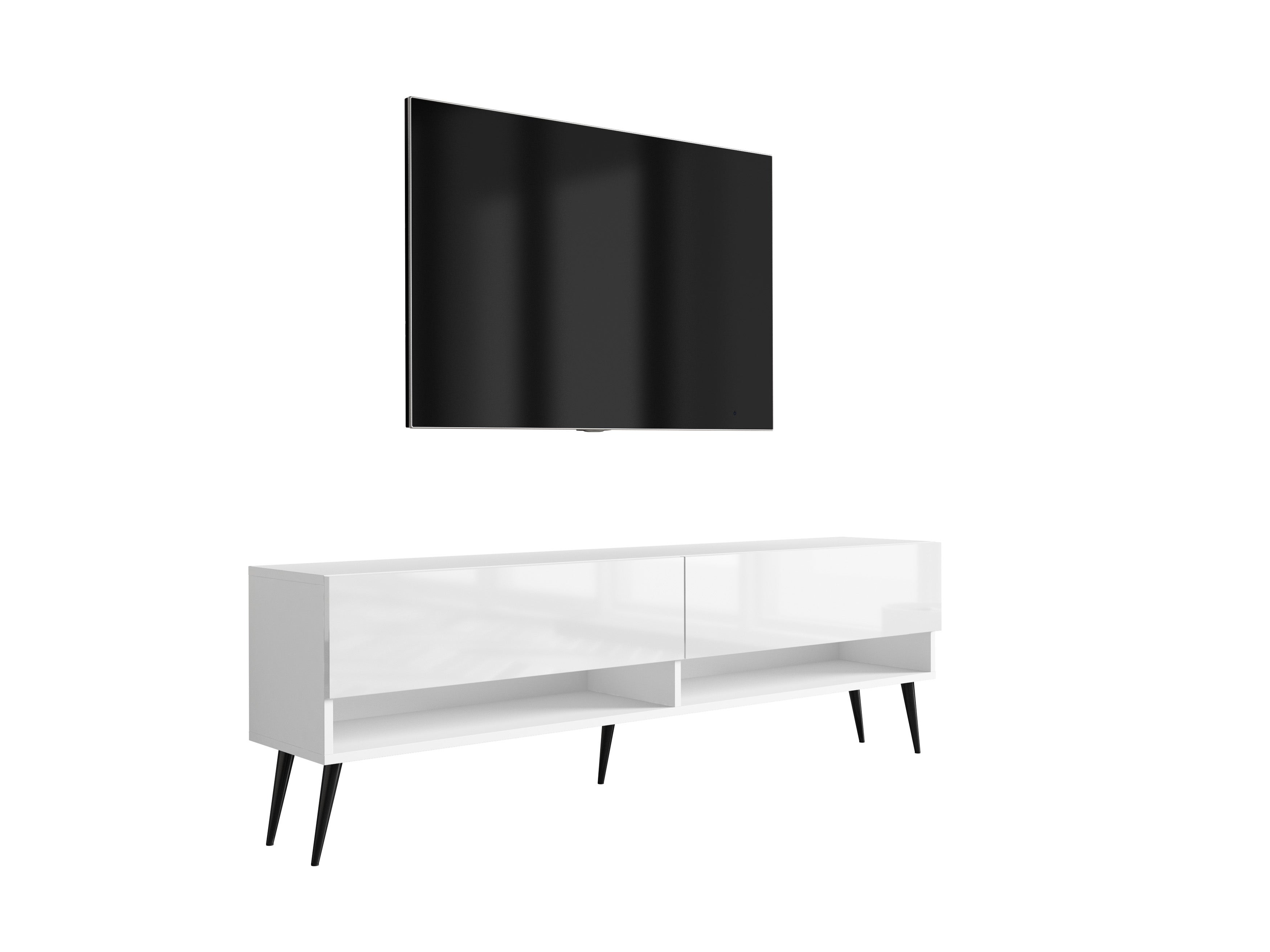 Szafka pod telewizor 170 cm Biały Mat / Biały Połysk, nóżki pochyłe czarne, 170 × 32 × 52 cm