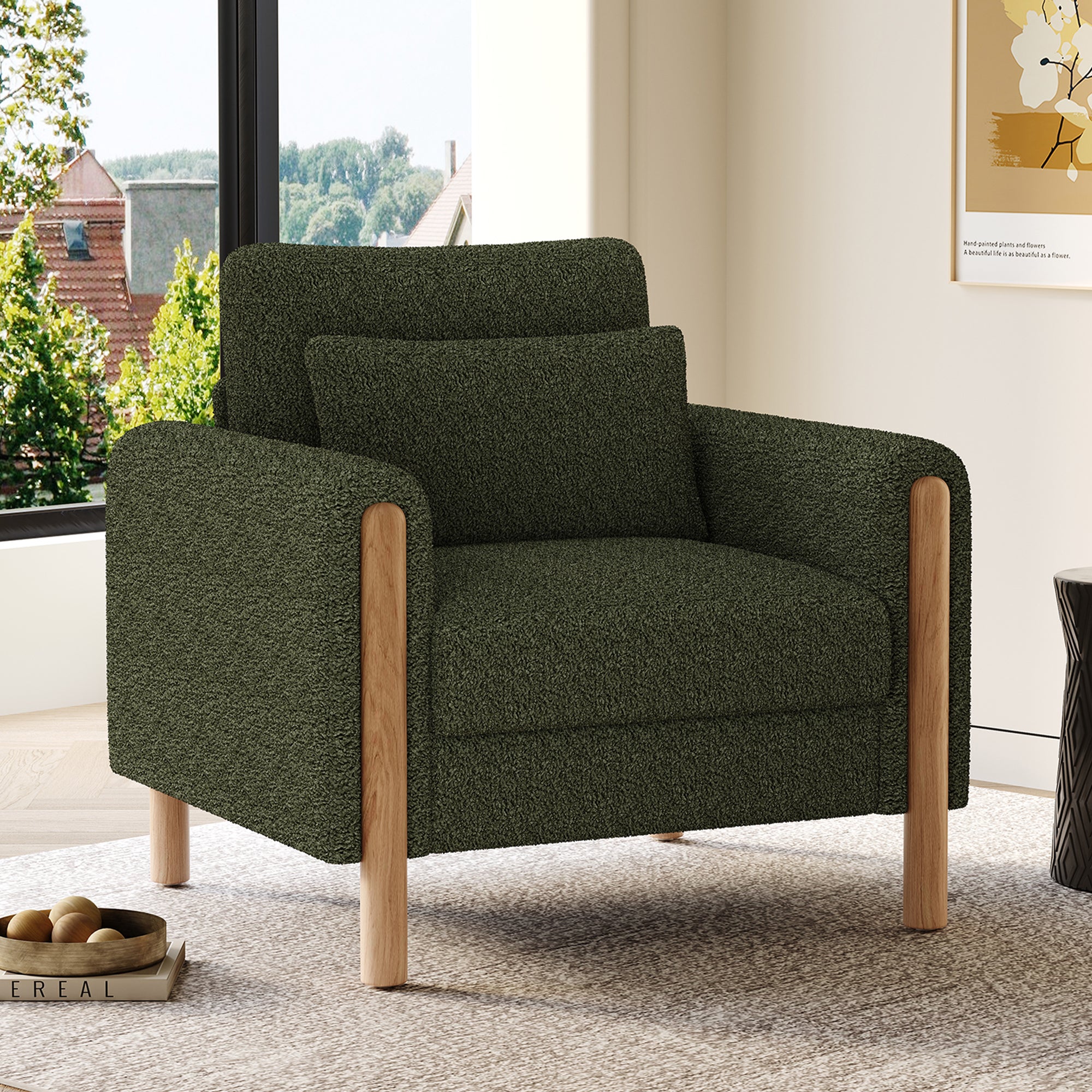 Fotel z podłokietnikami - 87 x 83 x 88,5 cm - tkanina Teddy i nogi z litego drewna - do salonu lub sypialni - zielony