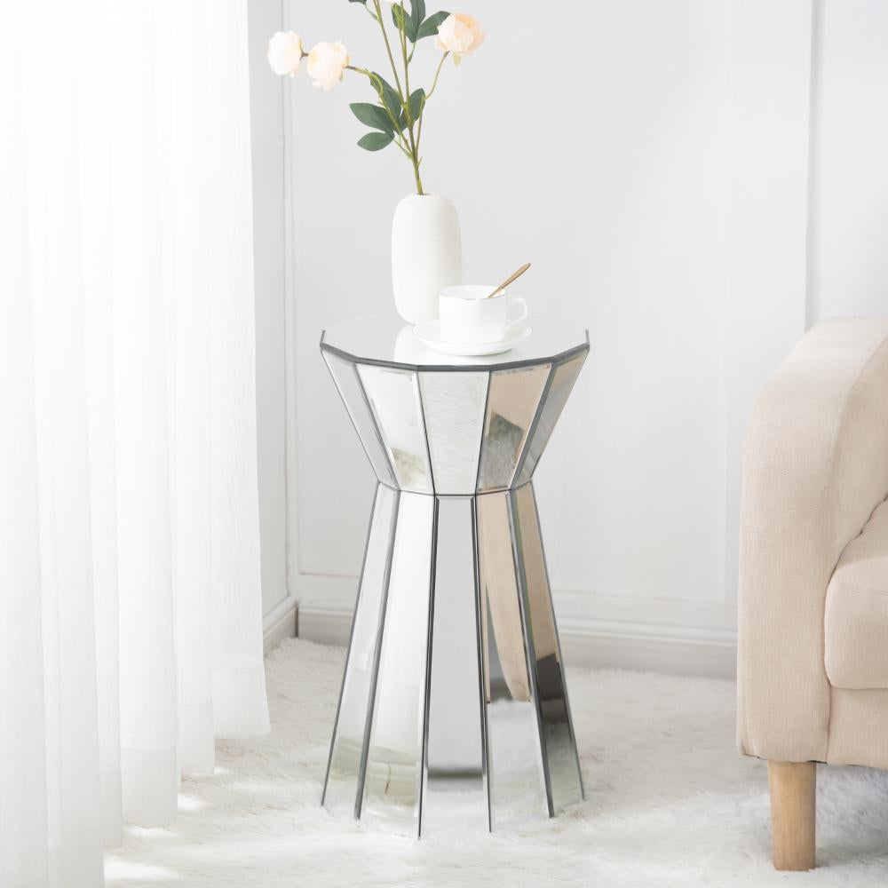 Szklany stolik pomocniczy srebrny 55cm, nowoczesny design, okrągły, do salonu lub biura, gotowy do użycia, baza w kształcie bębna