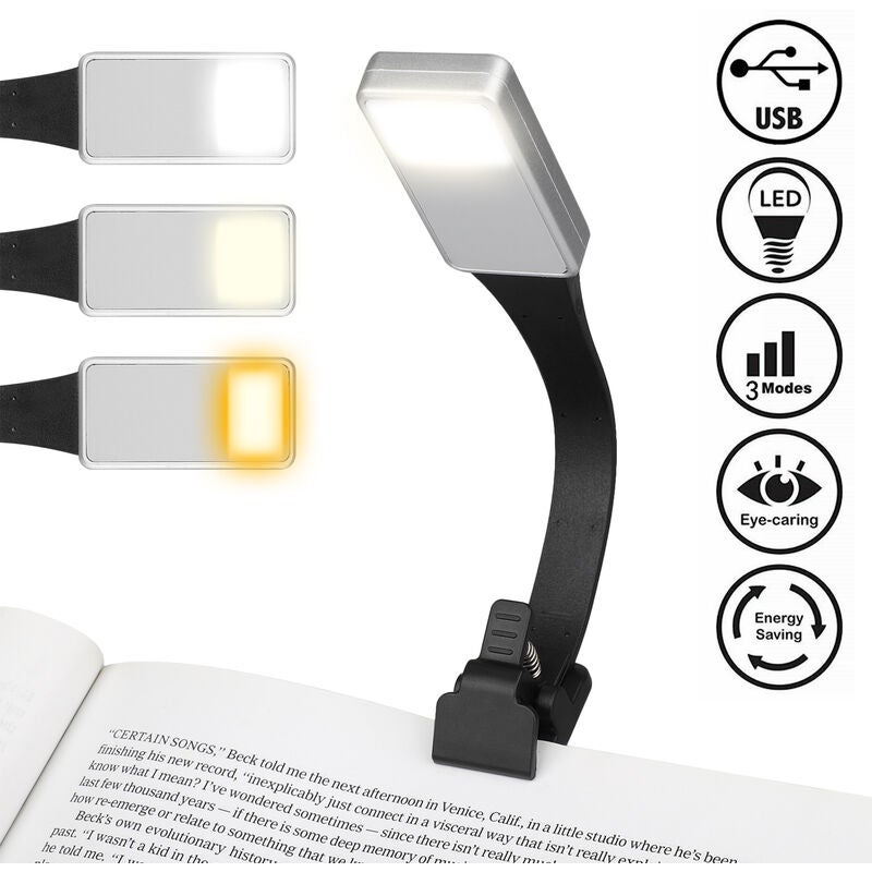 Lampka LED do czytania książek w łóżku w nocy, lampka do czytania książek z klipsem, ładowana przez USB, 3 poziomy jasności, dba o wzrok dla użytkowni