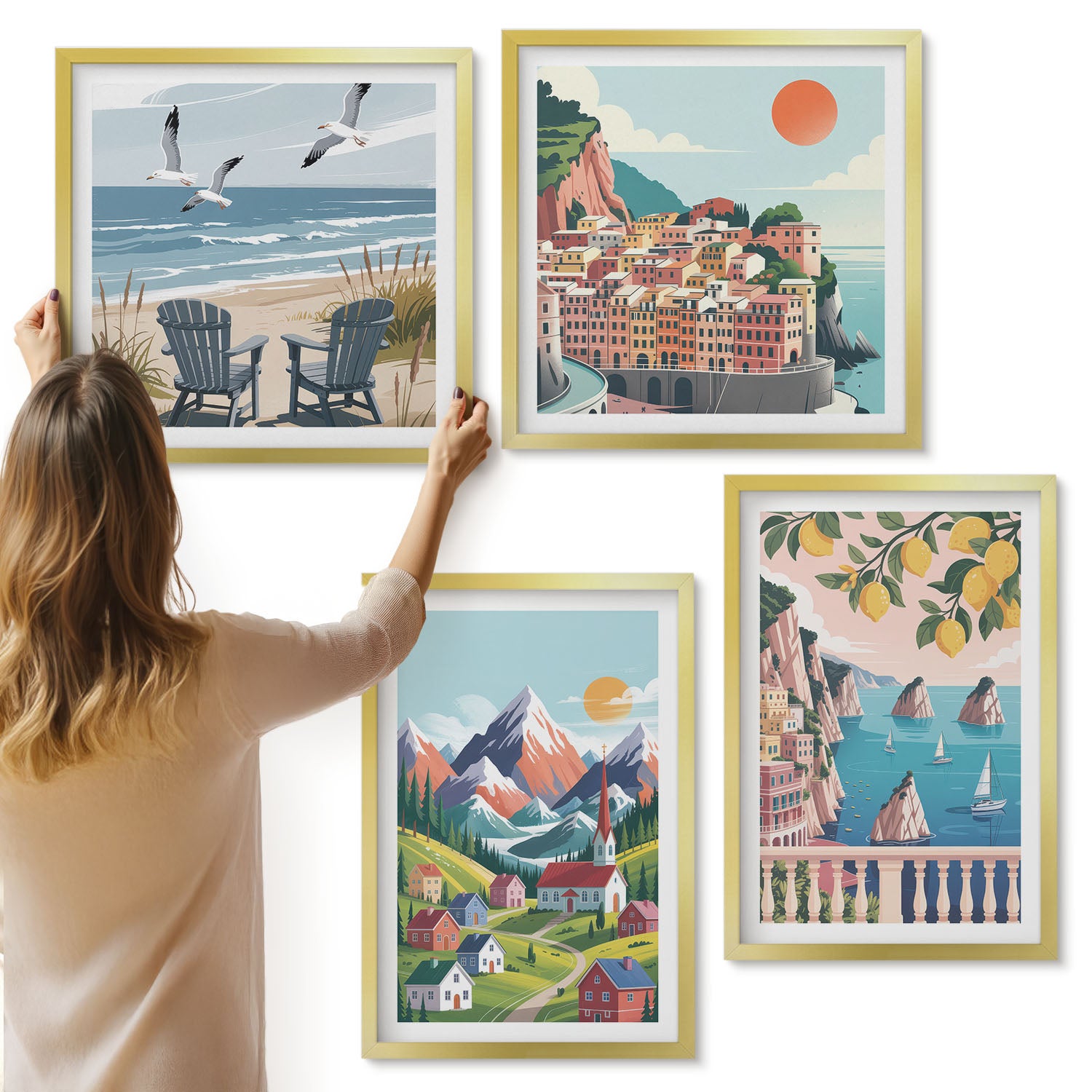 Galeria ścienna 4-częściowy komplet obrazów w złotych ramach - Kolorowe krajobrazy górskie i nadmorskie miasta - ArtPrintCave