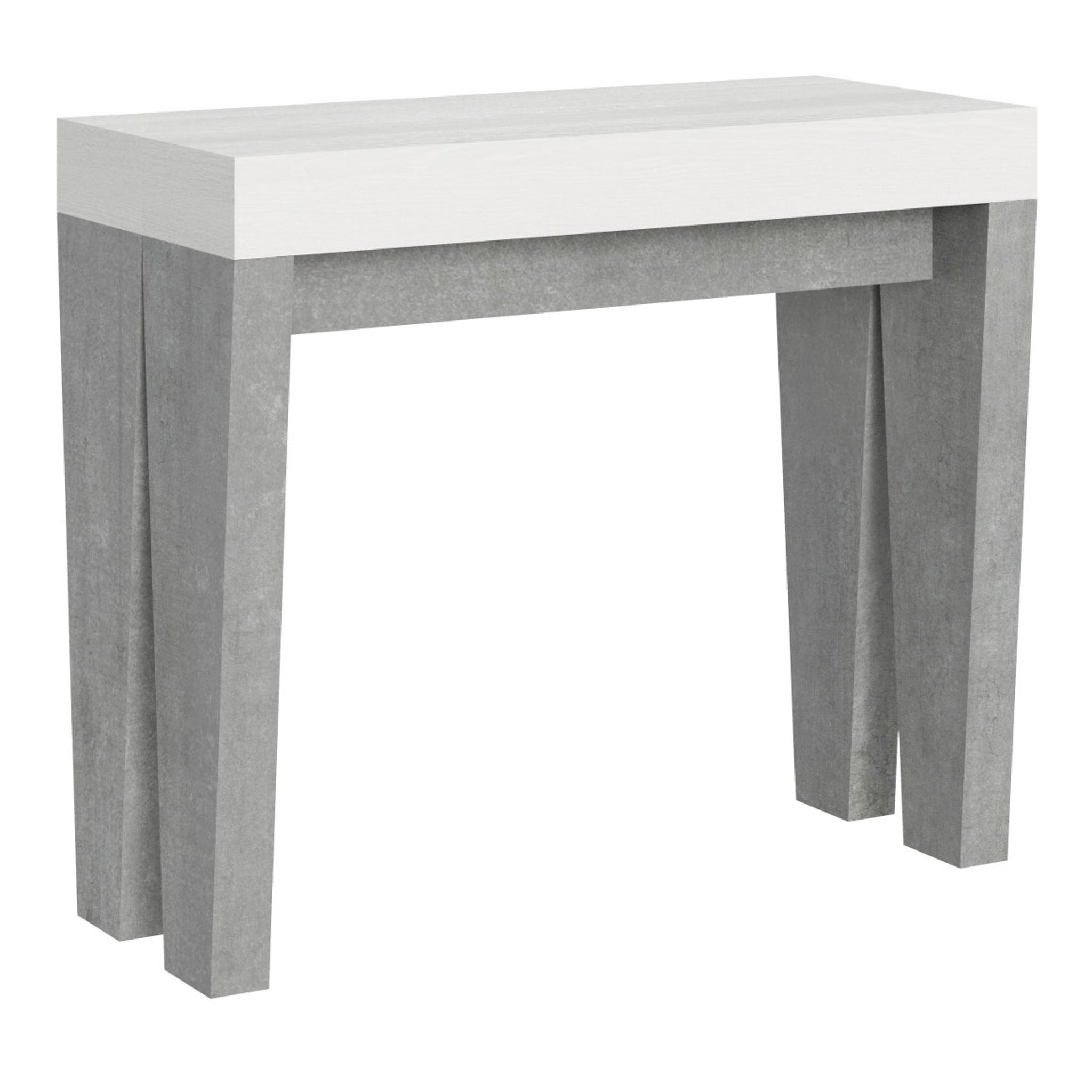 Mesa consola pequeña Spimbo Mix con tablero de fresno blanco y estructura de hormigón.