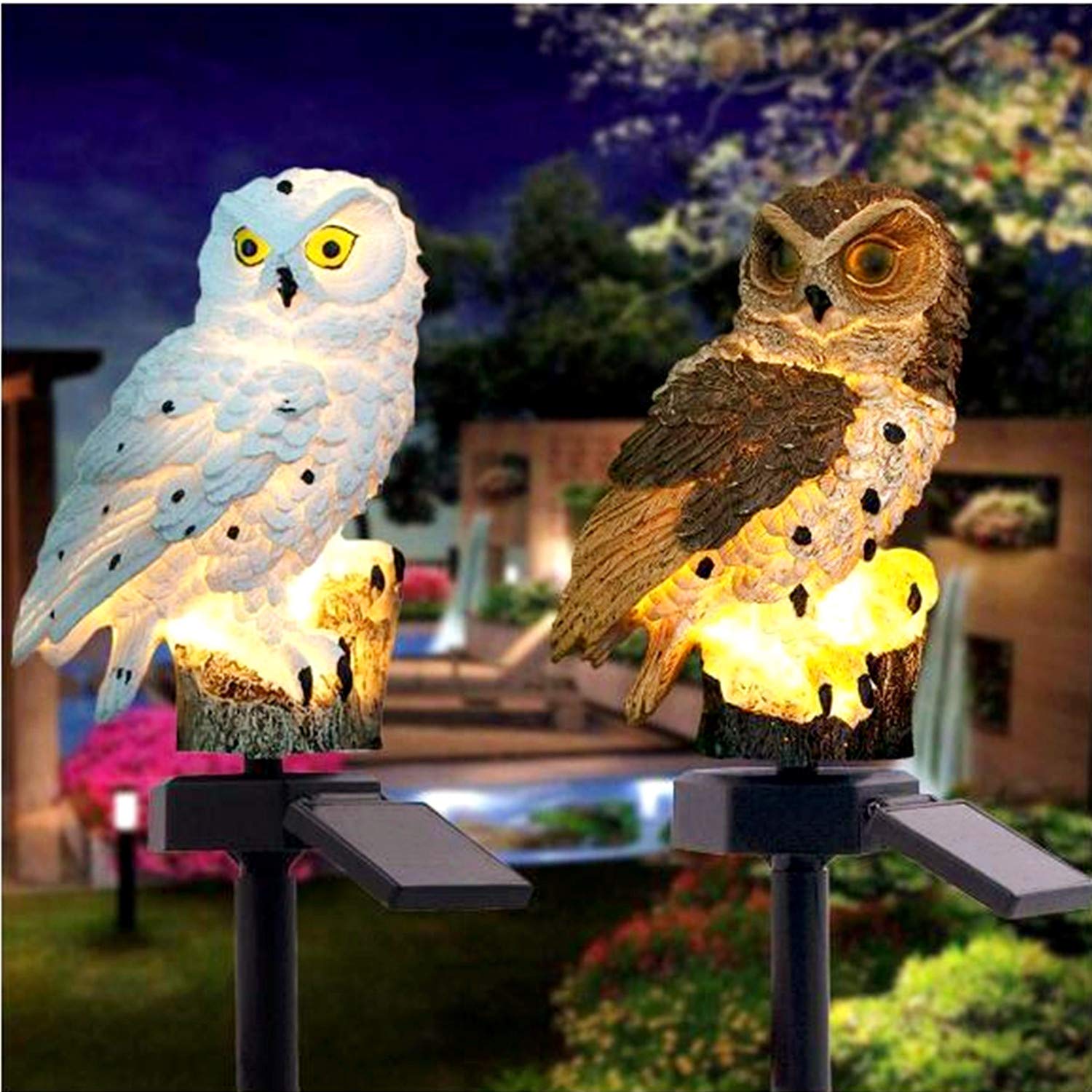 Zestaw 2 solarnych lamp podłogowych w kształcie sowy, wodoodporne, do ogrodów, trawników i dziedzińców, ciepłe białe światło (biały+brązowy)