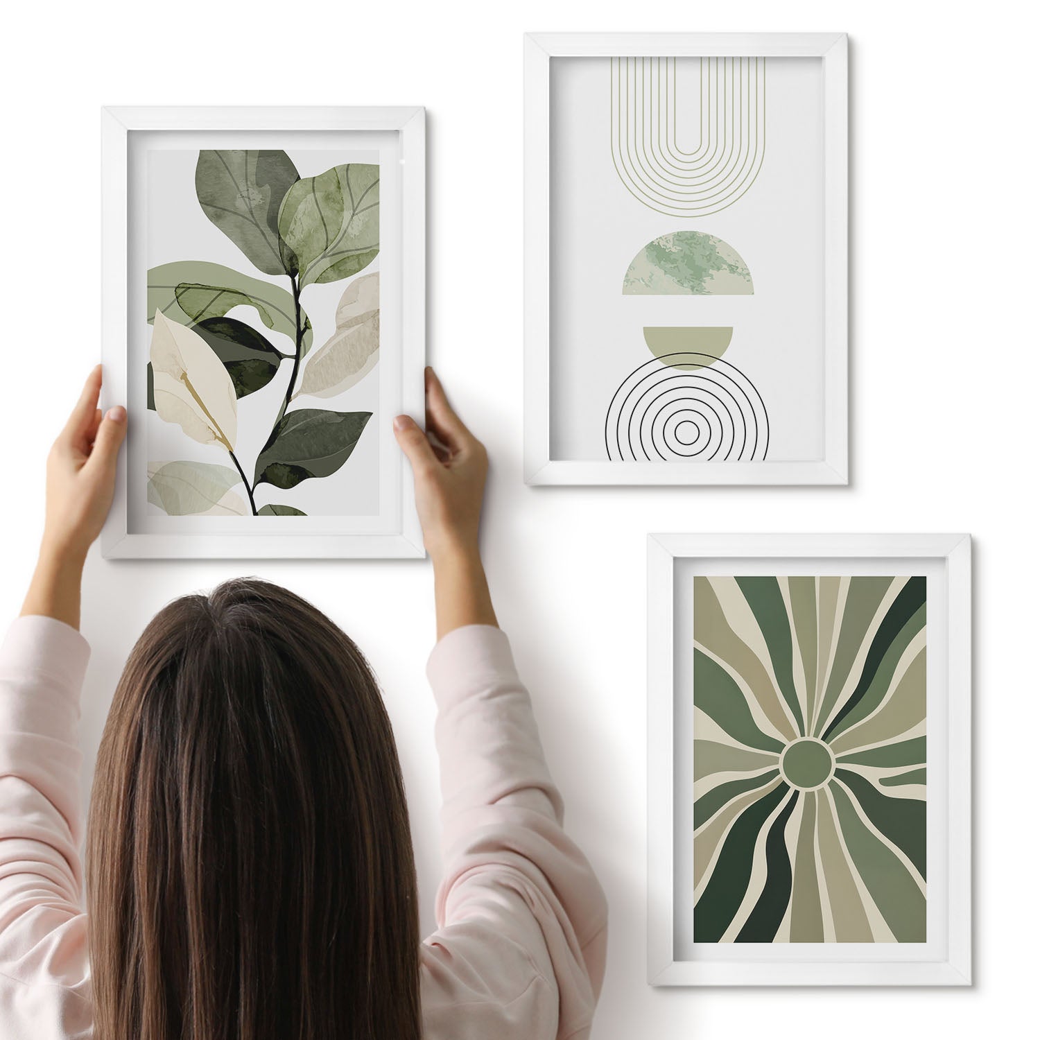 Galeria ścienna 3-częściowy komplet obrazów w białych ramach - Roślinne motywy z geometrycznymi kształtami w zieleni - ArtPrintCave