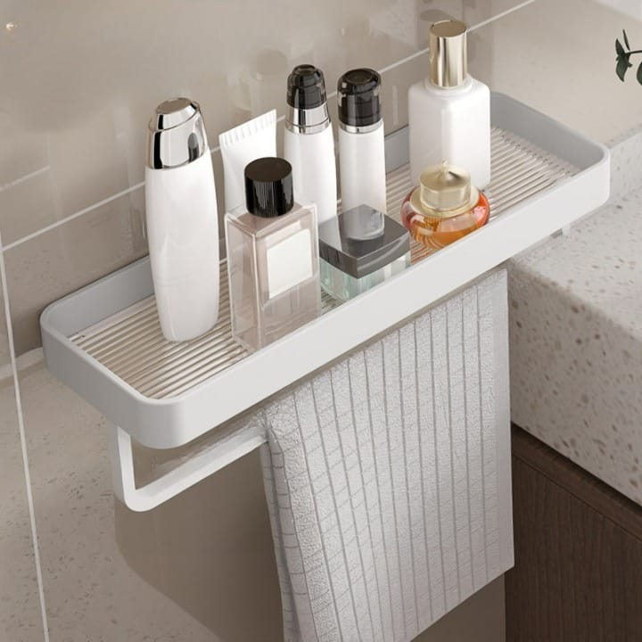 Biała aluminiowa półka ścienna - z wieszakiem na ręczniki - Praktyczne przechowywanie i nowoczesny design - 50*11,5*3 cm