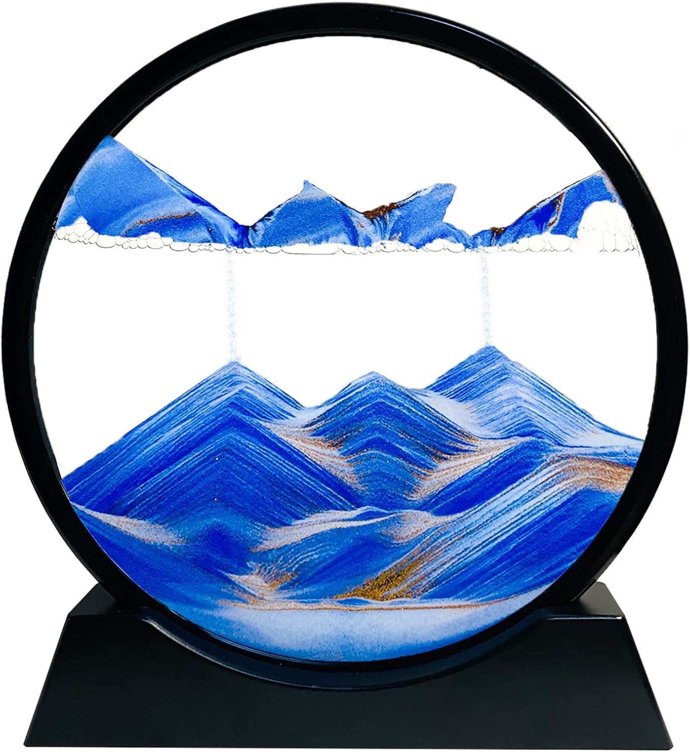 Animowana ozdoba z piasku – ramka w kształcie klepsydry, animowany obraz z piasku, krajobraz z piasku 3D (niebieski, 18 cm)