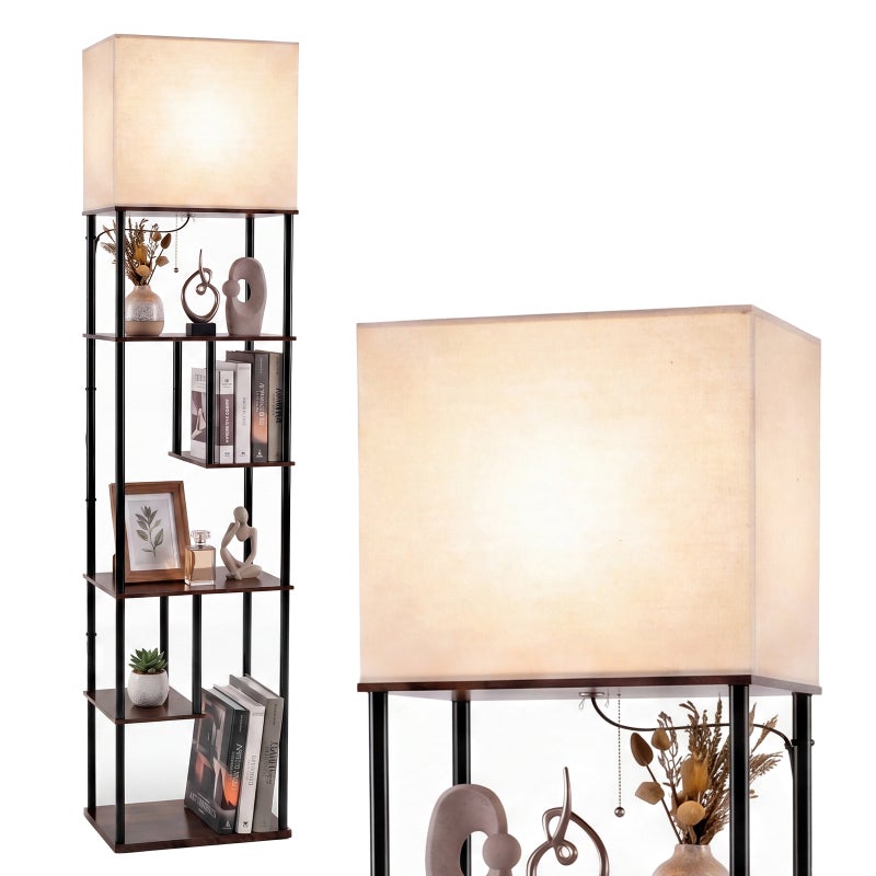 5-poziomowa lampa podłogowa do salonu, lampa do salonu z 5 przesuniętymi półkami, abażur lniany, gniazdo E27 i sznurek, 40 x 29 x 172 cm