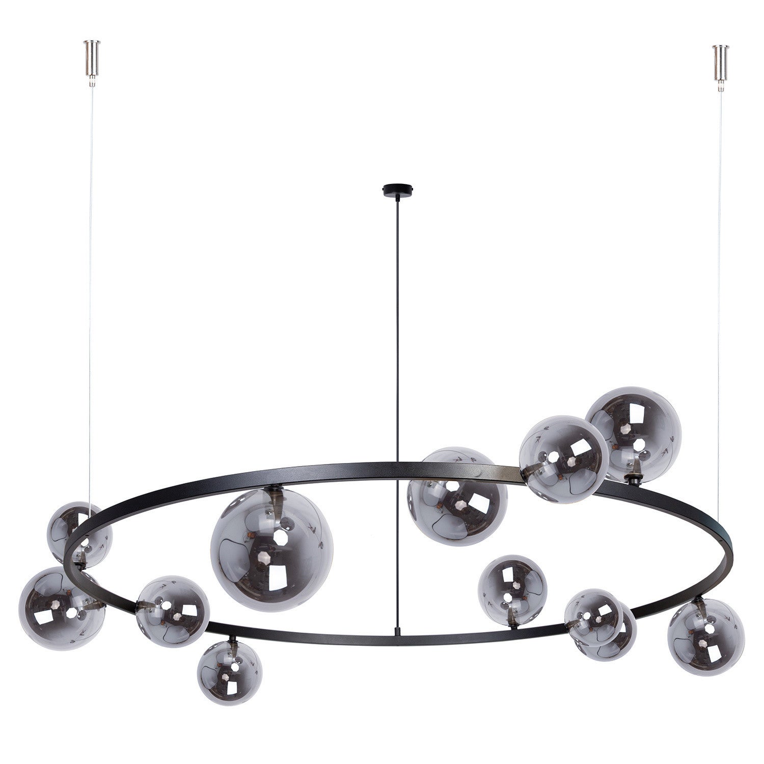 Lampa wisząca żyrandol czarny ring szklane dymione kule do salonu 12xG9 12W BOLERO Sigma Lighting