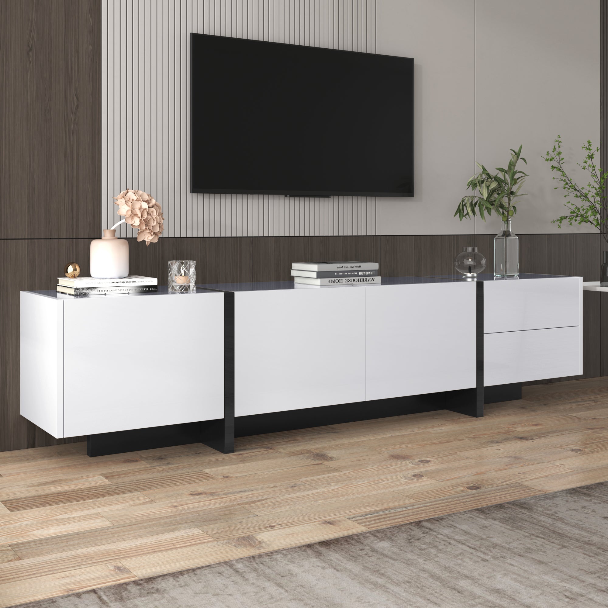TV-Schrank lowboard - biało-czarny, 190x45x35 cm, z drzwiami i szufladami, Panel, Spanplatte