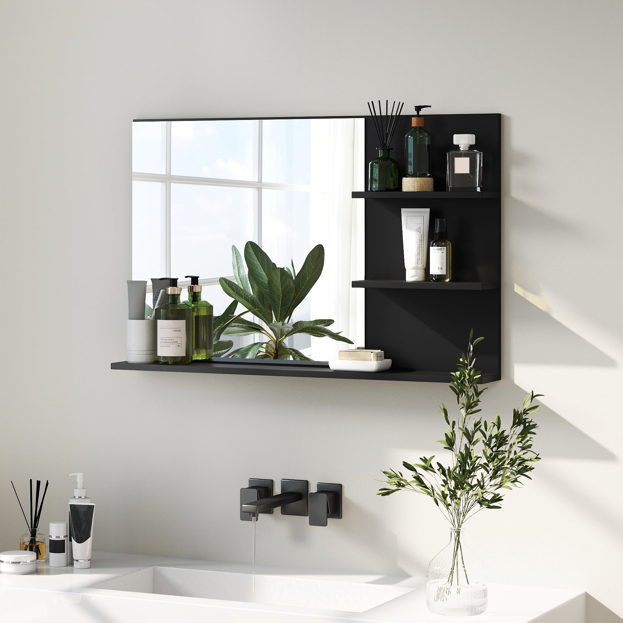 Lustro łazienkowe czarne nowoczesne 75x48 cm, ścienne z półkami z drewna MDF, praktyczny organizer do makijażu w twojej łazience