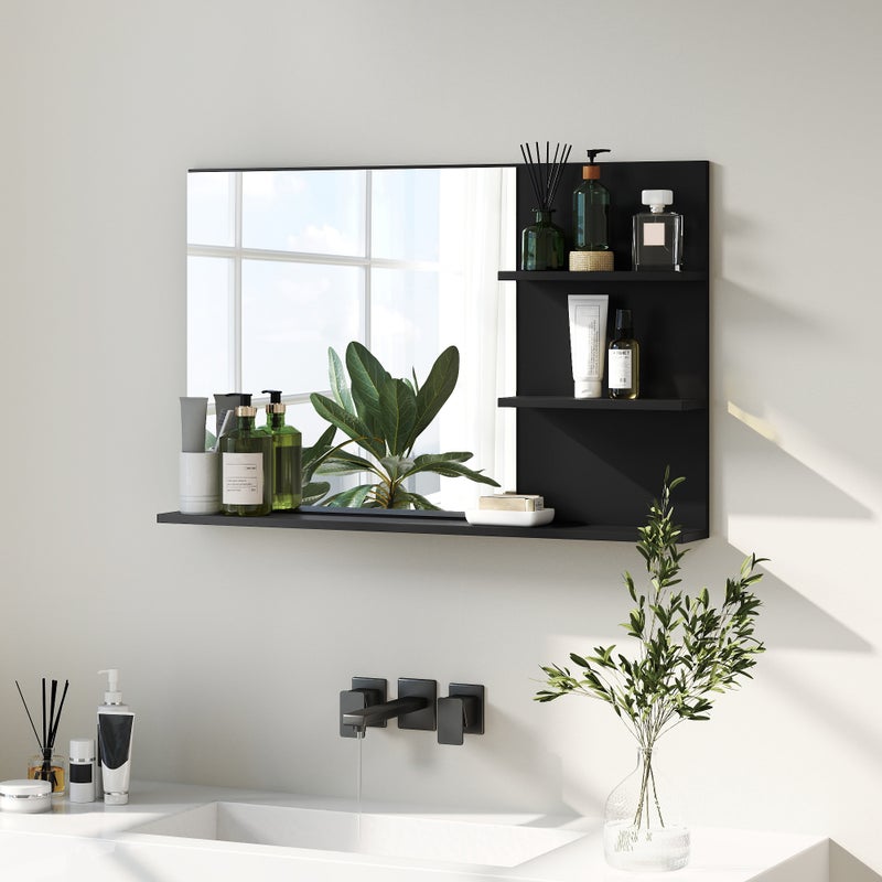 Lustro łazienkowe czarne nowoczesne 75x48 cm, ścienne z półkami z drewna MDF, praktyczny organizer do makijażu w twojej łazience