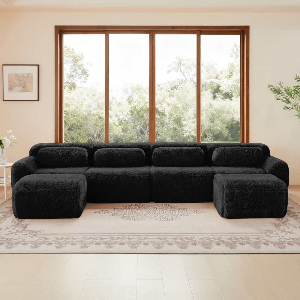 Ultrawygodna modułowa sofa w kształcie litery U z aksamitną tkaniną, pianką o wysokiej sprężystości i poduszkami w zestawie do salonu