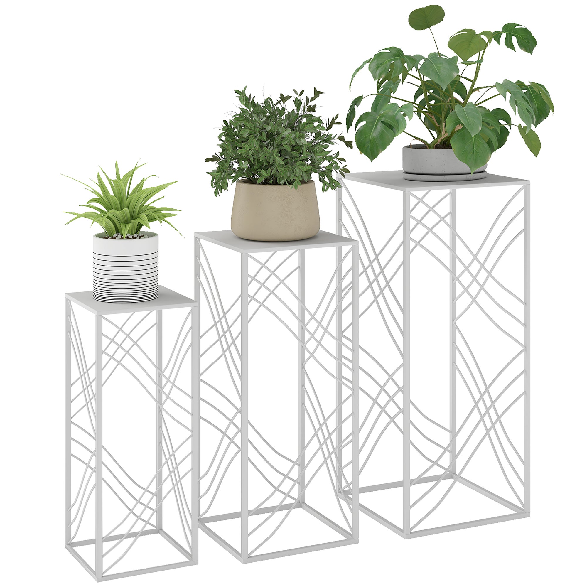 Zestaw 3 metalowych stojaków na rośliny, składanych, w kolorze białym, wys. 50/60/70 cm, kolor biały