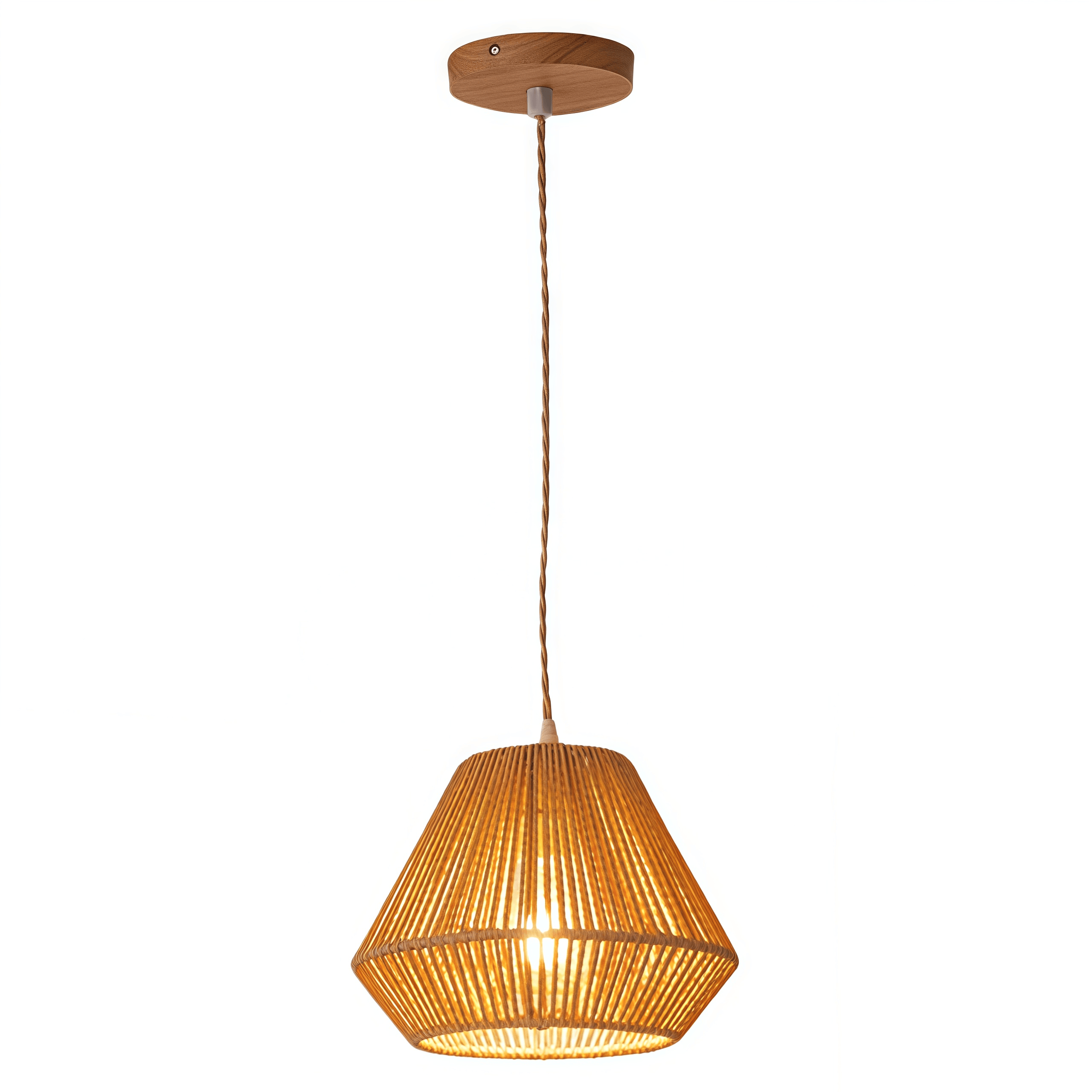 Żyrandol z rattanu w stylu boho, lampa nad wyspę kuchenną, żyrandol w stylu wiejskim, lampa sufitowa, okrągły, pleciony abażur z rattanu