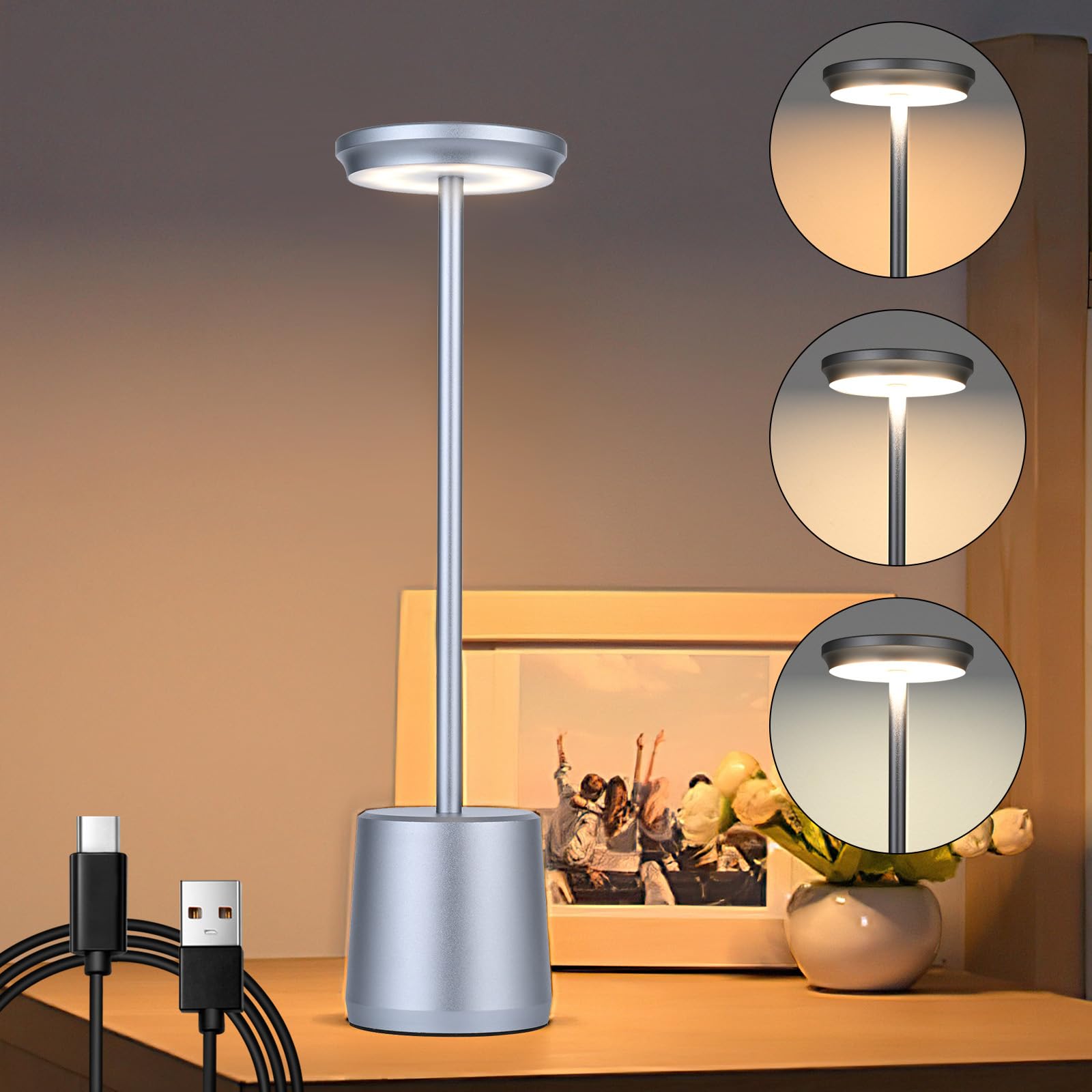 Bezprzewodowa, ładowalna lampa stołowa, lampka nocna ze ściemnianiem 3 kolory, lampa biurkowa do jadalni, biura, patio, szara