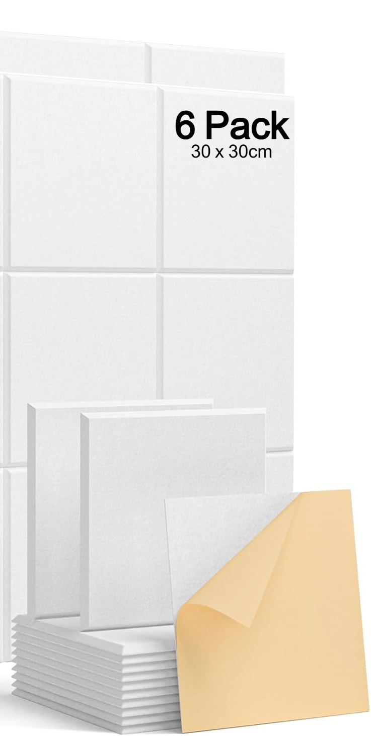 Zestaw 6 samoprzylepnych kwadratowych paneli akustycznych - Absorber hałasu - Wysoka gęstość - 30 x 30 x 0,9 cm