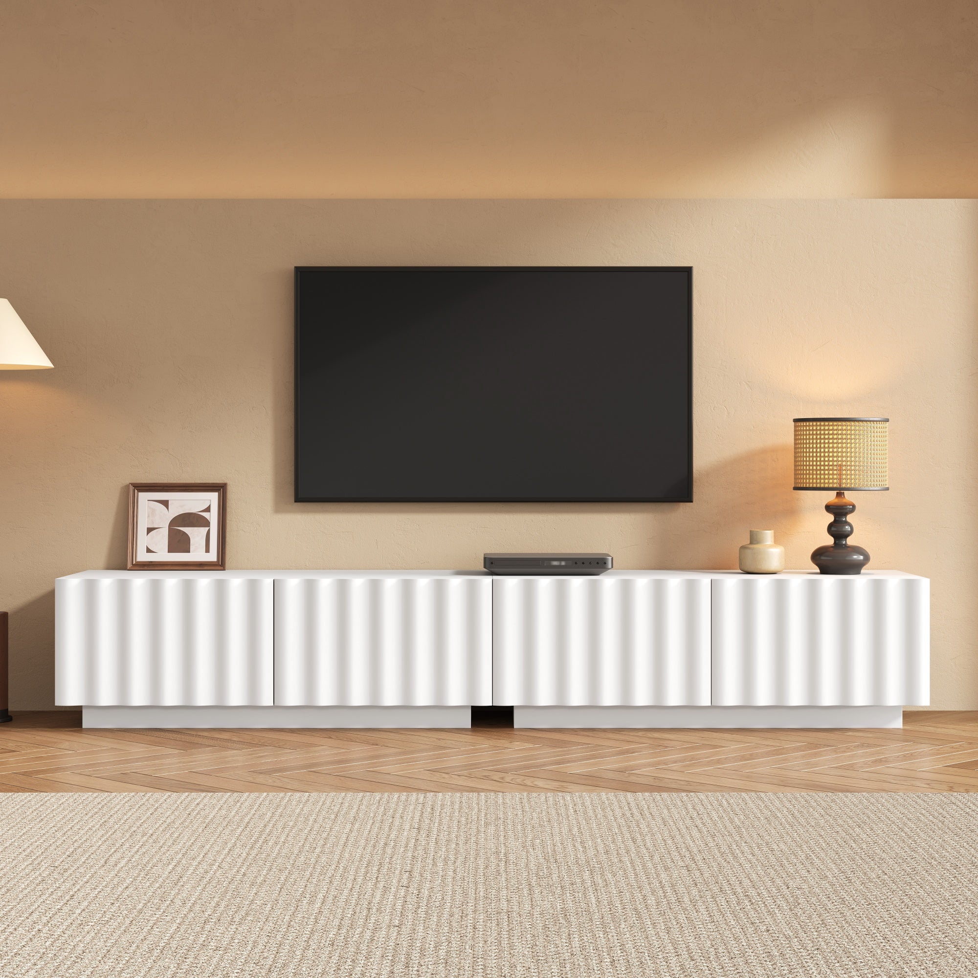 Stolik RTV z 4 szufladami - 200 x 40 x 35 cm - MDF i płyta wiórowa - falisty front i mechanizm otwierania push-to-open - biały