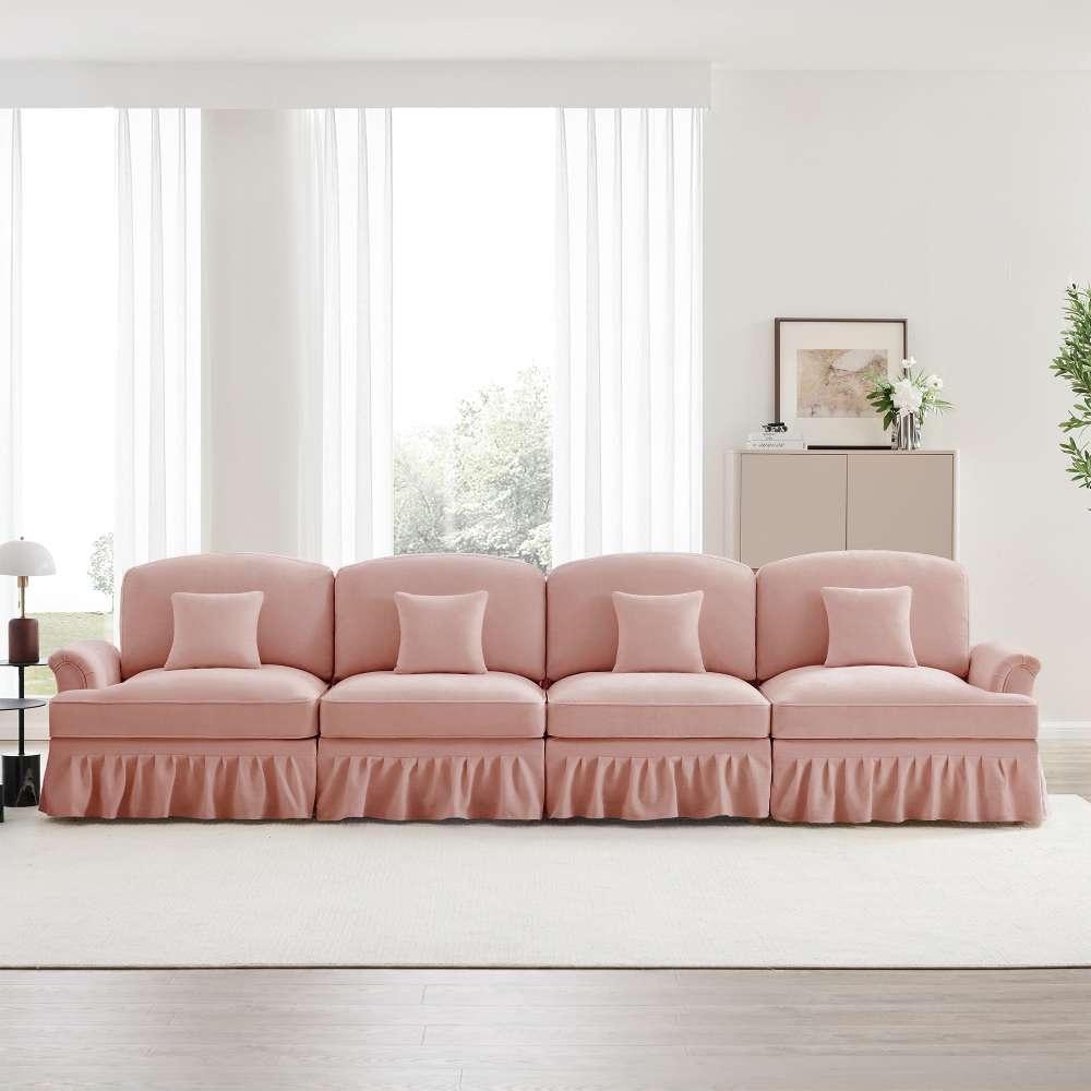 Sofa 4-osobowa w stylu Mid-Century z aksamitu, ze zwężanymi podłokietnikami, odpinanym fartuchem i nogami wrzecionowymi – wygodna do salonu