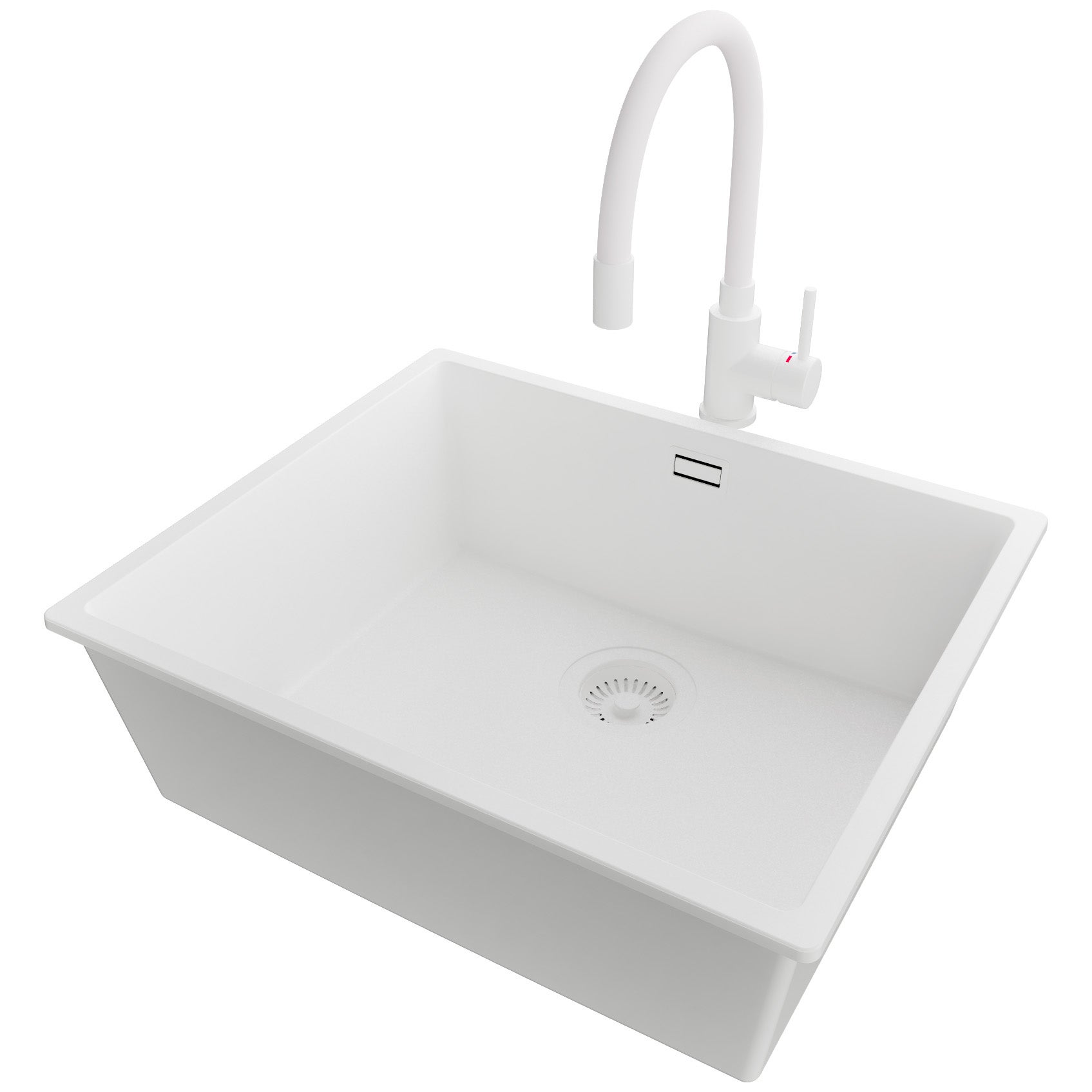 Zlewozmywak podblatowy Cały Biały 56x47cm, Zlew Kuchenny 1 Komorowy + Bateria 38x14cm + Syfon, do szafki od 60cm - Londyn PRIMAGRAN