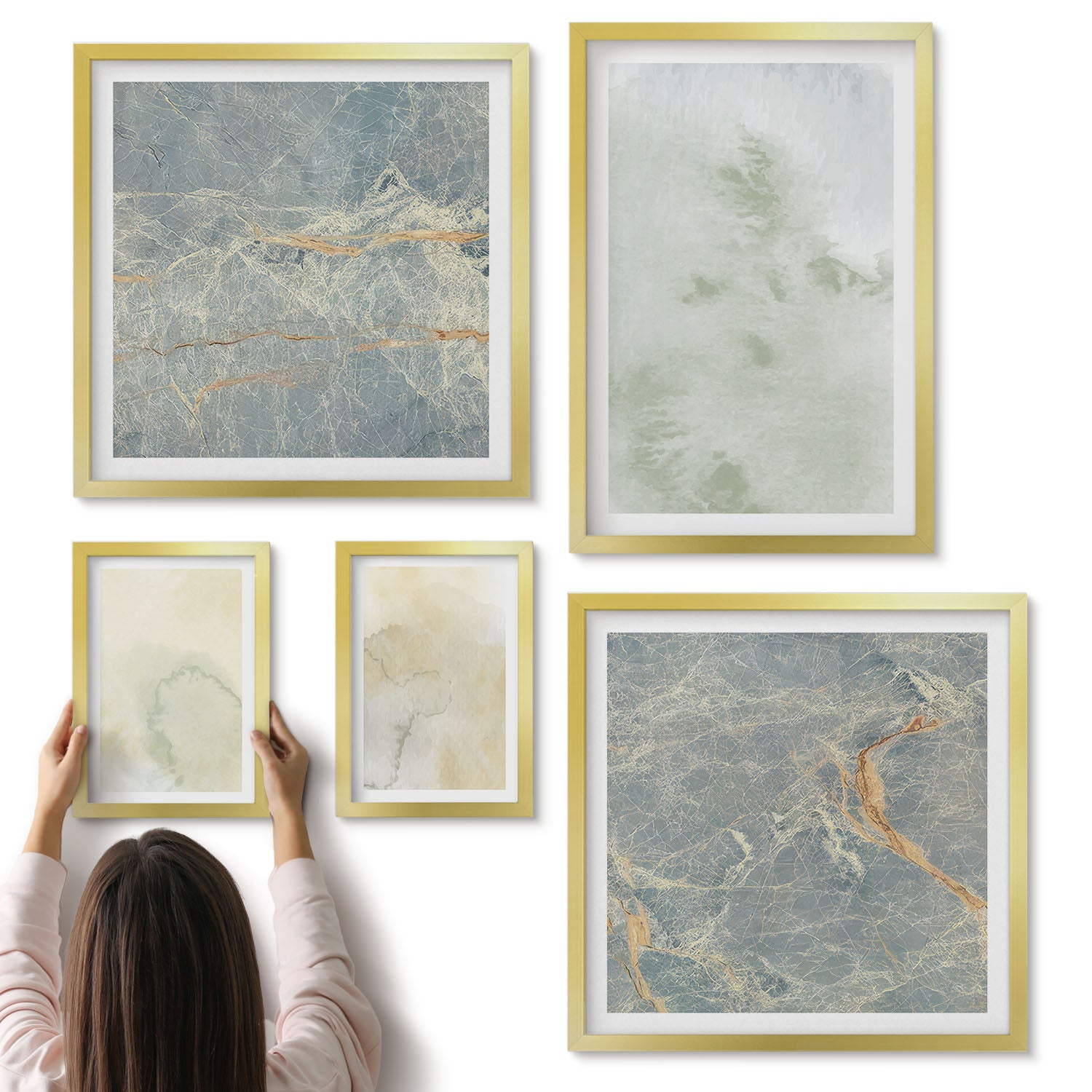 Galeria ścienna 5-częściowy komplet obrazów w złotych ramach - Pastelolwe akwarele na płótnie tekstury farb - ArtPrintCave