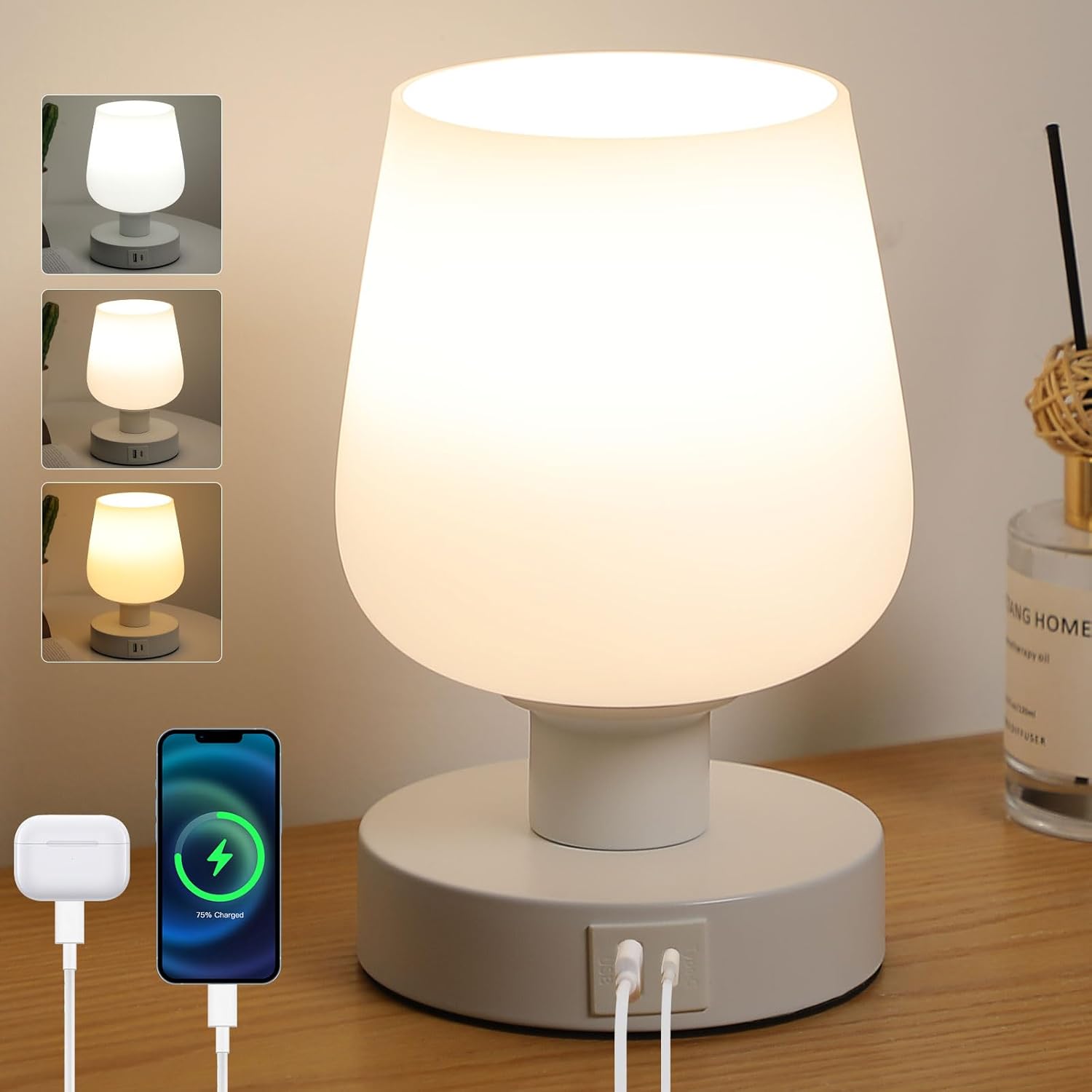 Ściemnialna lampka nocna z portami USB A i USB C, ściemnianie w 3 kierunkach, lampa stołowa z kloszem z opalowego szkła, żarówka E27