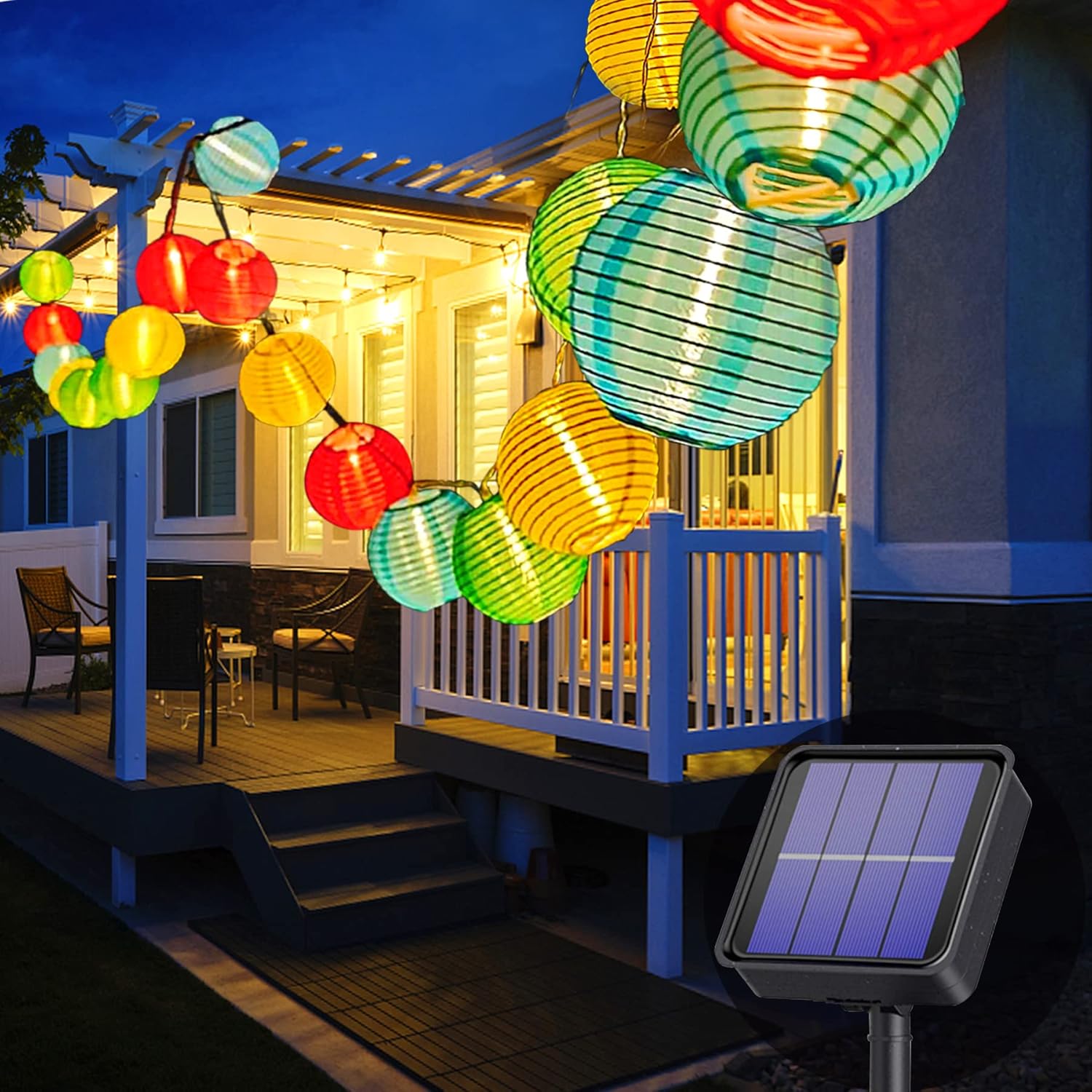 Zewnętrzna solarna girlanda świetlna - 3.5 m - 10 lampionów LED - 8 trybów - Wodoodporna - Ślub, impreza (kolorowa)