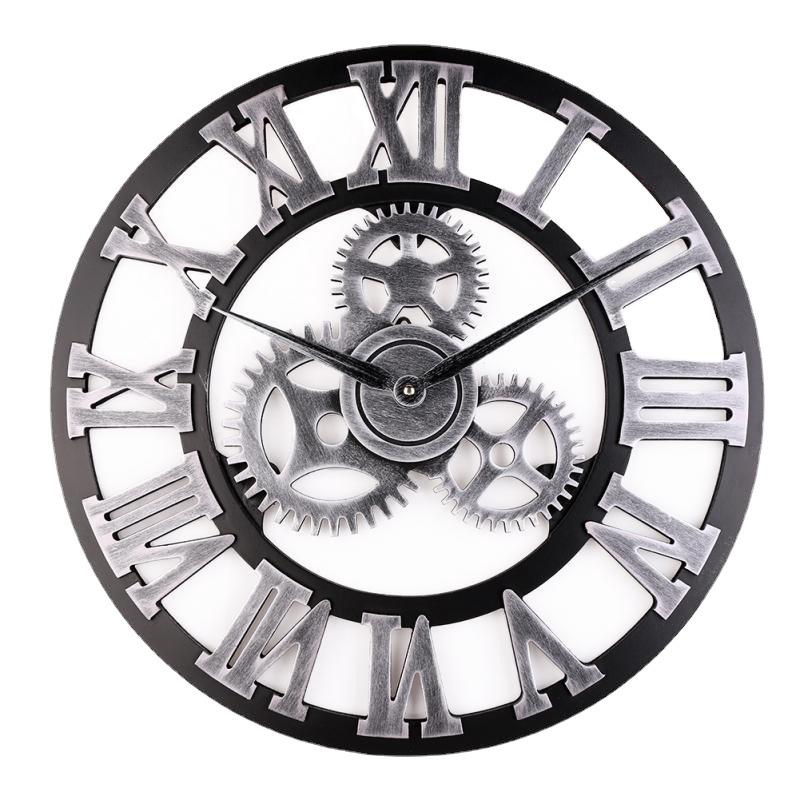 30 * 30 cm Srebrny Zegar Ścienny 3D Duży Klasyczny Drewniany Cichy Zegar Wiszący Cyfry Rzymskie Styl Europejski Steampunk Dekoracja Industrialna