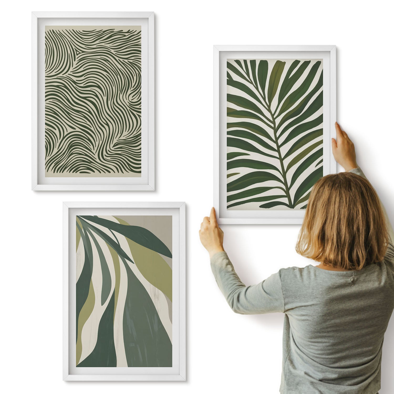 Galeria ścienna 3-częściowy komplet obrazów w białych ramach - Wzory liści i faliste linie w odcieniach zieleni - ArtPrintCave