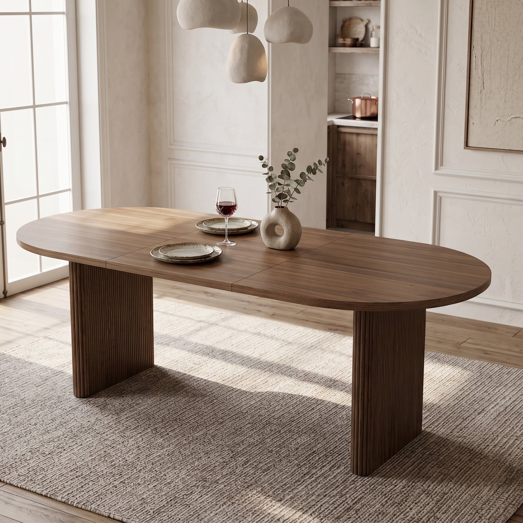 Rozkładany owalny stół jadalny na 6-8 osób - 140/200 x 90 x 75 cm - płyta MDF, blat o grubości 3 cm, nogi z listew synchronicznych - orzech
