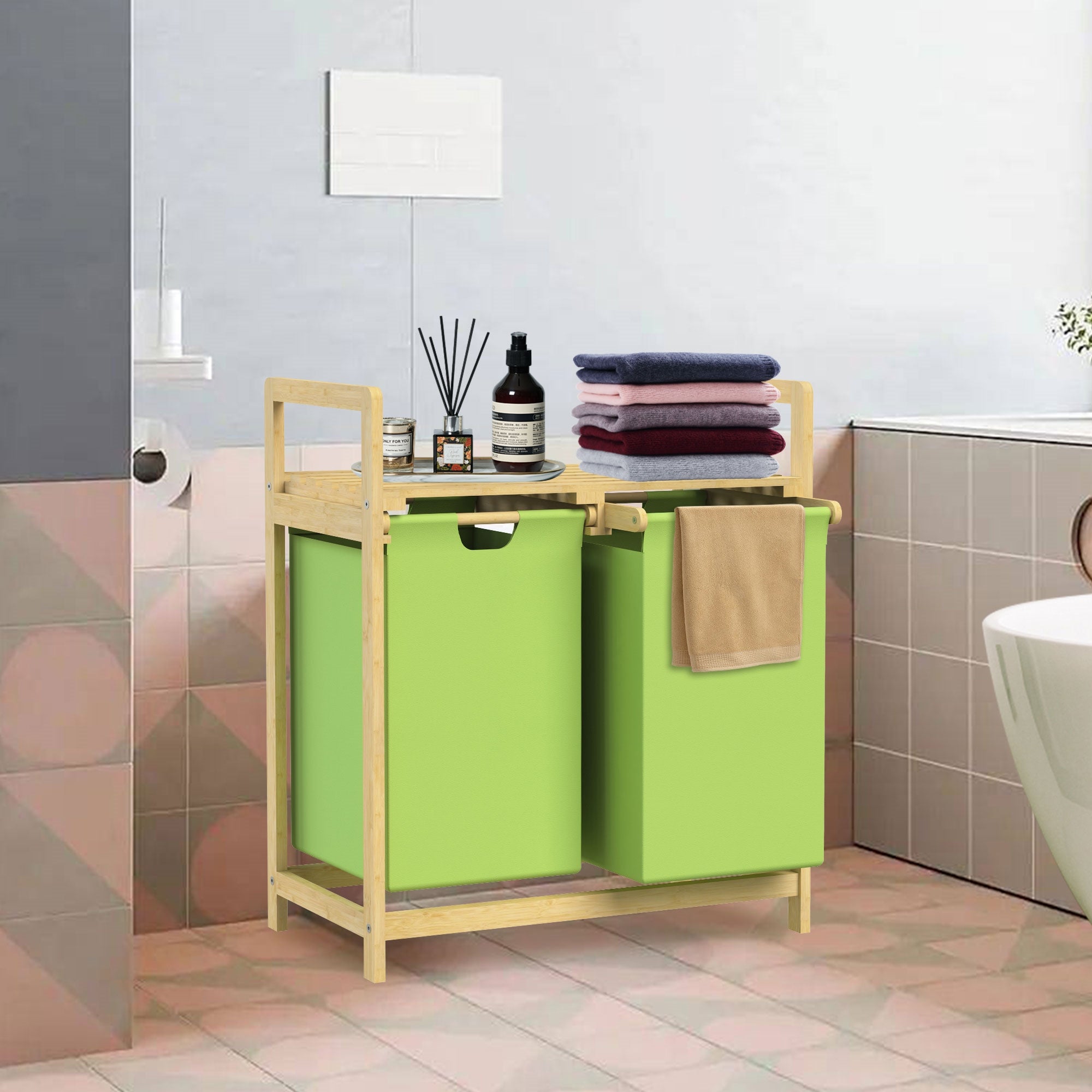 ML-Design Kosz na Pranie 2 Przegródk, Bambusowy Sortownik Prania z Pólka, Pojemnik na Bielizne 2 × 30 L, Zielony