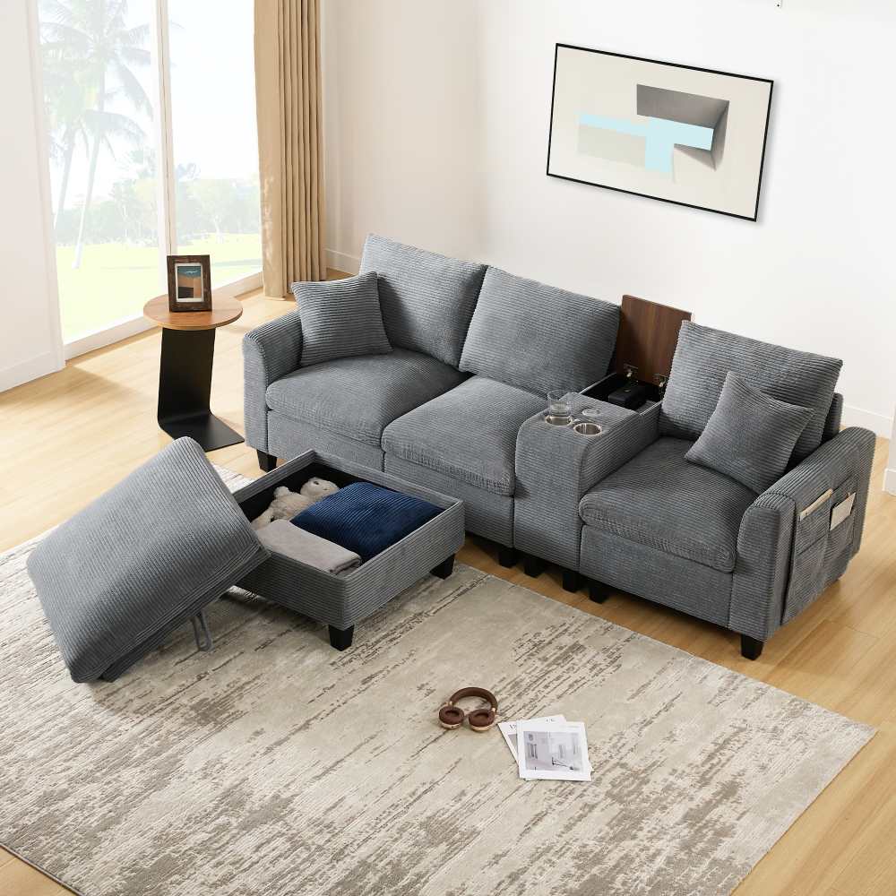 Nowoczesna narożna sofa w kształcie litery L z USB, uchwytami na kubki i schowkiem – wygoda i styl do małych przestrzeni