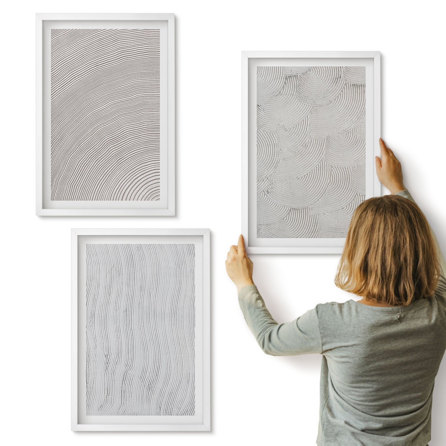 Galeria ścienna 3-częściowy komplet obrazów w białych ramach - Wzory na piasku linearne struktury geometryczne - ArtPrintCave
