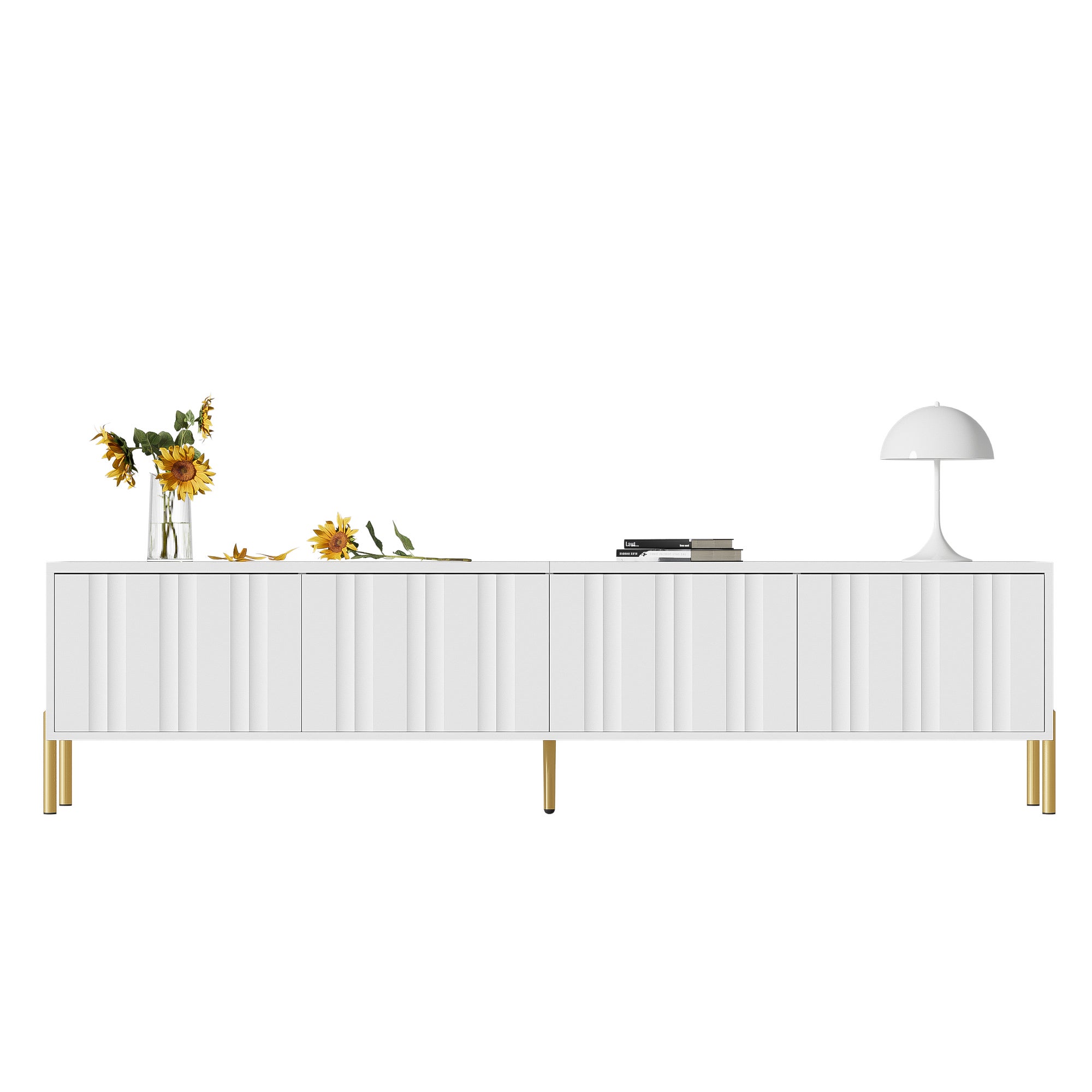 Szafa TV biała 190x38x48 cm - goldowe nogi, bramy z rzeźbionym designem, amortyzowane zawiasy
