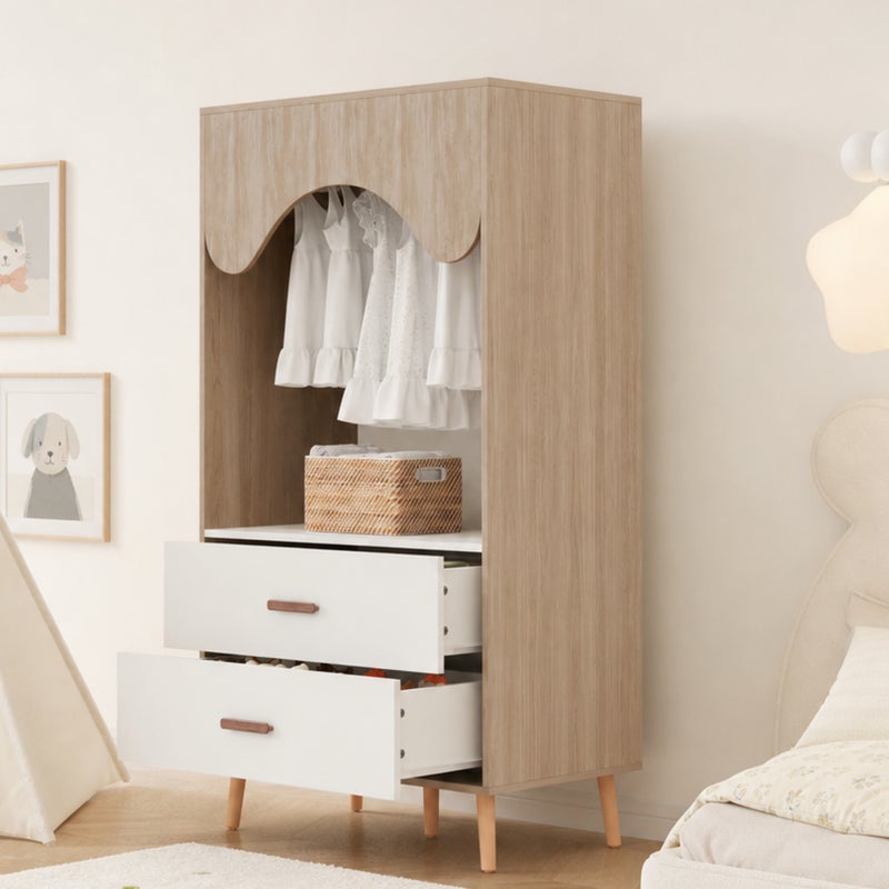 Otwarta szafa z miejscem na wieszaki, 2 szufladami i nogami z litego drewna - MDF - 80 x 46 x 141,5 cm - Kolor biały i naturalne drewno