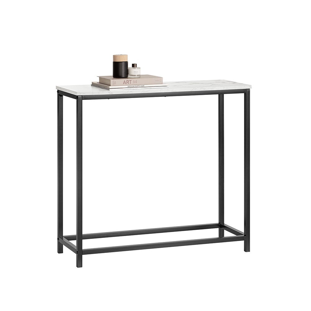 SoBuy Stolik konsolowy, stolik boczny, efekt marmuru, stolik do przedpokoju, rama żelazna i 4 nogi, 80x30x75 cm, czarny, FSB29-Sch
