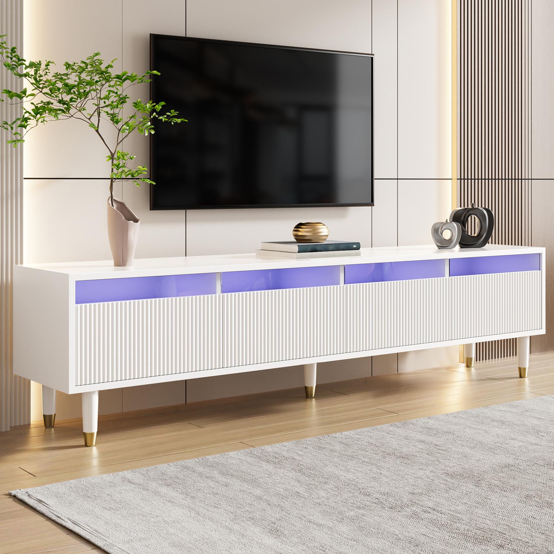 Nowoczesny biały mebel pod telewizor o wysokości 178 cm z 4 pojemnymi szufladami, minimalistyczny design, eleganckie MDF i akryl