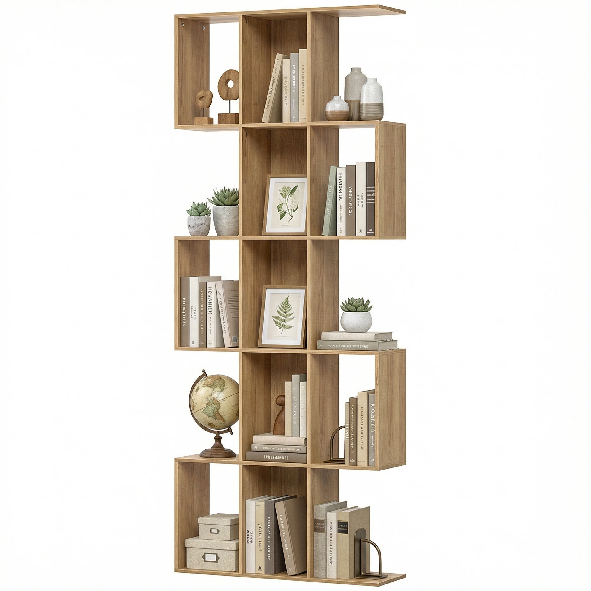 Regał biblioteczny w kształcie litery S, 5-poziomowy, do salonu, sypialni, biura, 80 x 24 x 200 cm, dąb
