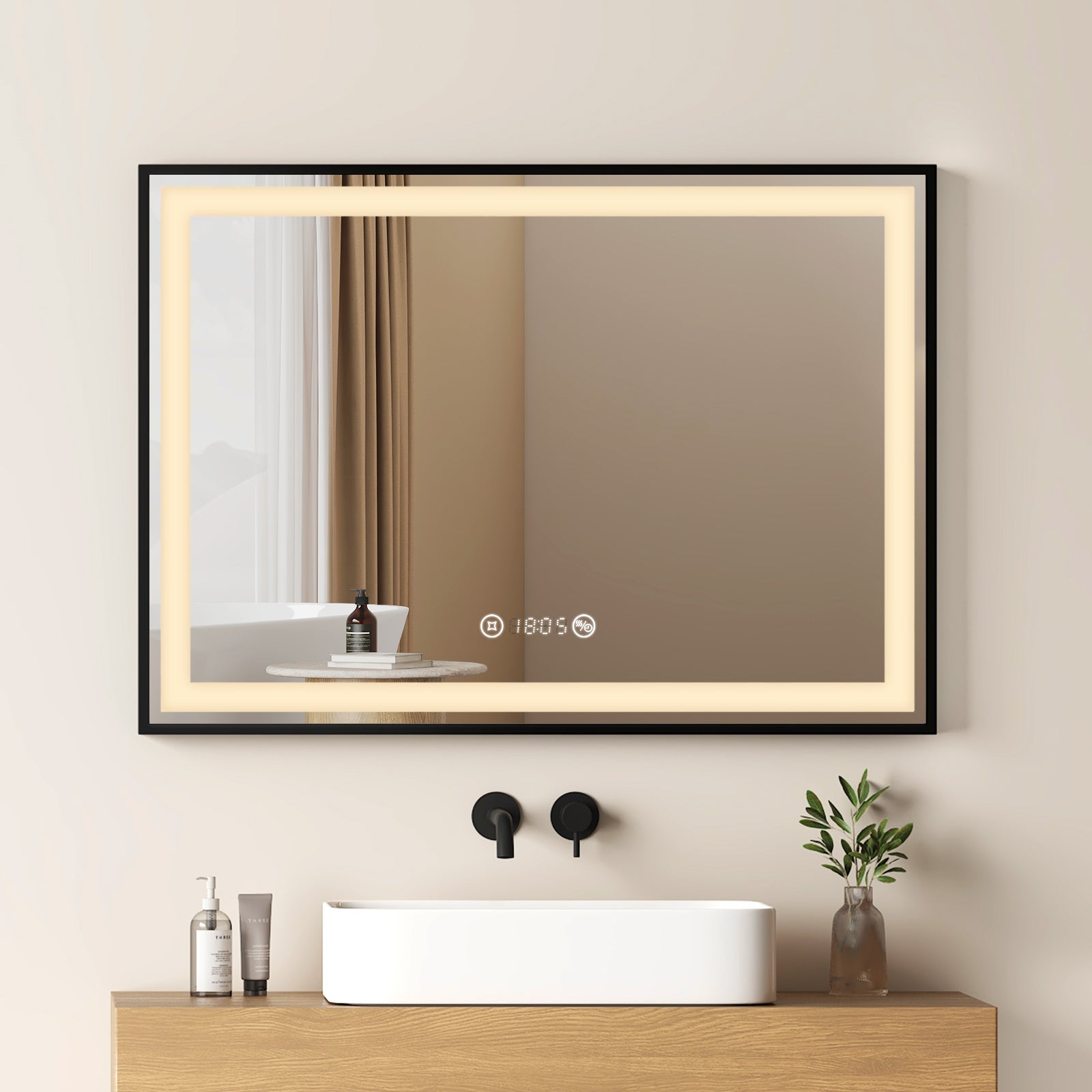 EMKE Lustro łazienkowe z oświetleniem LED 70x50 cm, z 4300K, możliwość ściemniania, przeciwmgielne, zegar, funkcja pamięci, Czarna ramka