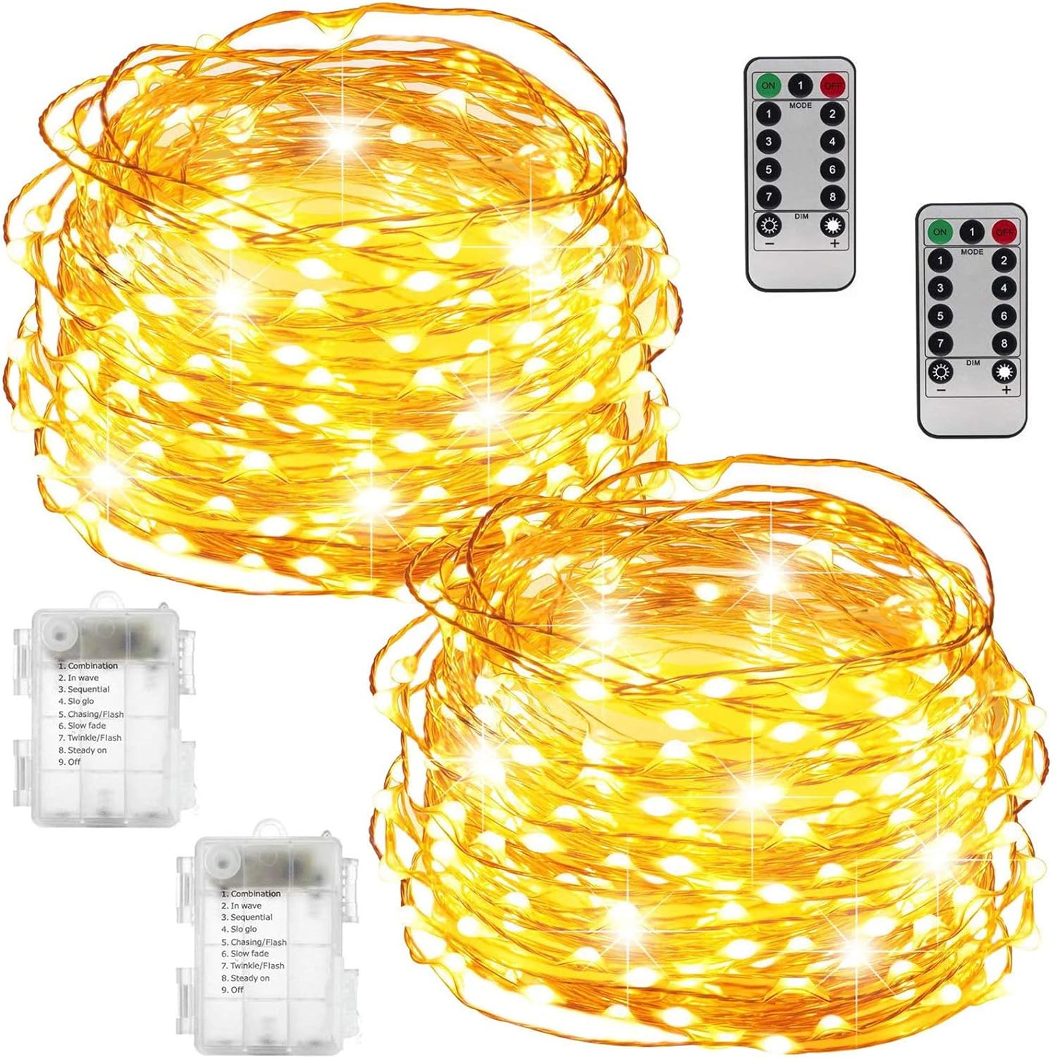 Girlanda Świąteczna do Pokoju [Zestaw 2] 10M 100LED Mini LED Girlanda na Baterie Wewnętrzna i Zewnętrzna Dekoracja Światło Fairy Lights (Ciepły Żółty)