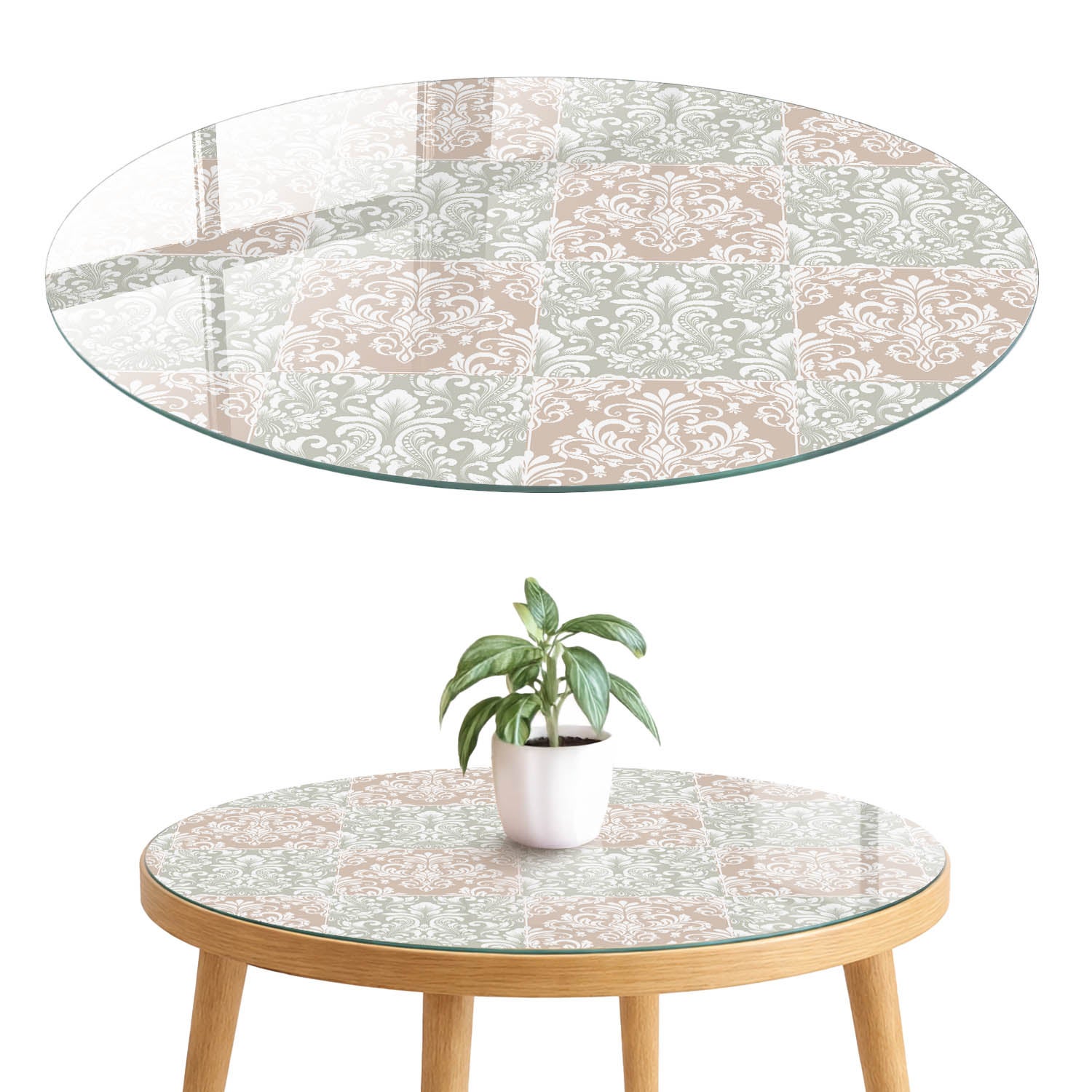 Szklany blat hartowany z wzorem 4 mm - elegancka dekoracja i maskowanie blatu fi100 cm Klasyczny ornament