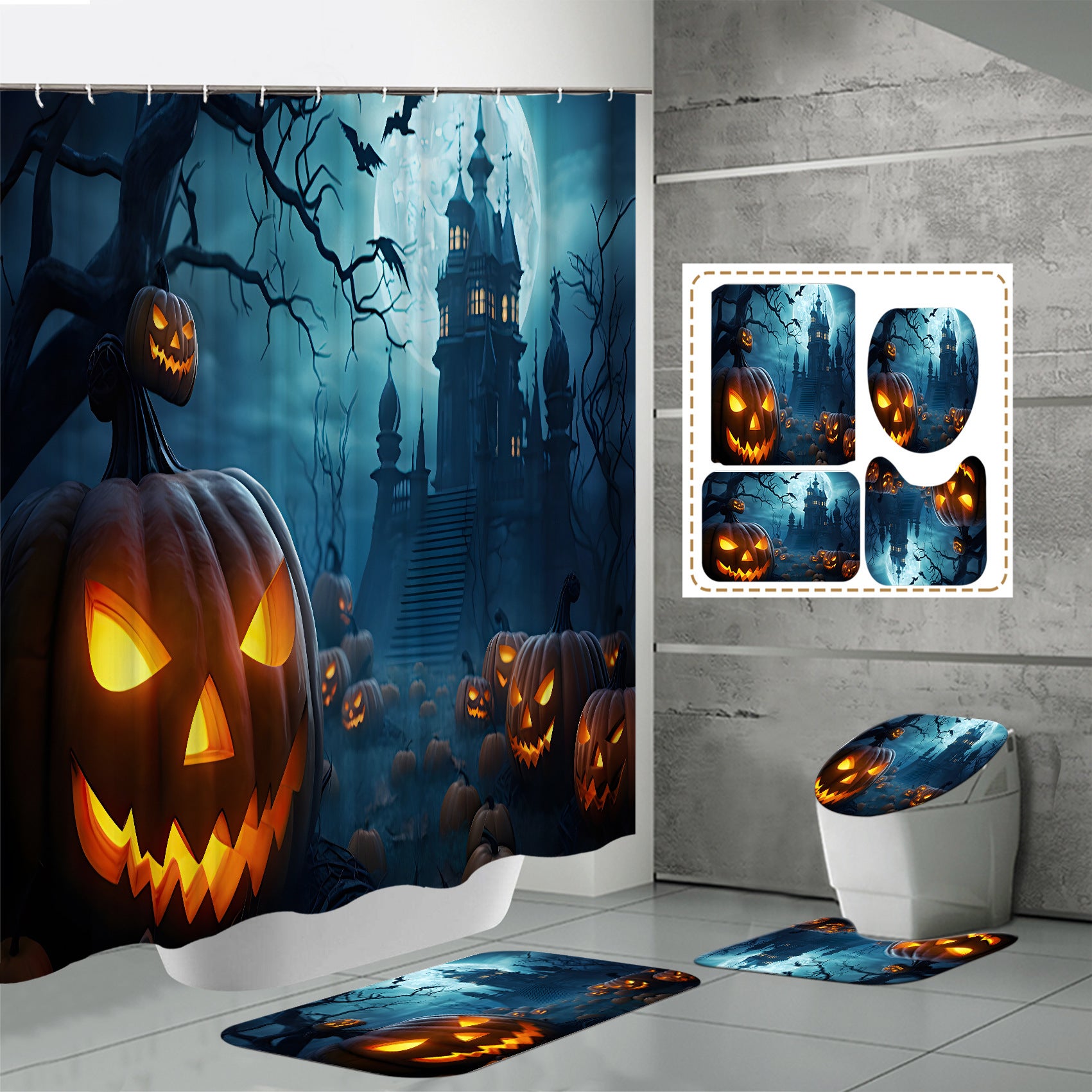 częściowy zestaw halloweenowy zasłona prysznicowa z motywem zamku nietoperzy dyni matami antypoślizgowymi pokrowiec deskę sedesową dywanik łazienkowy