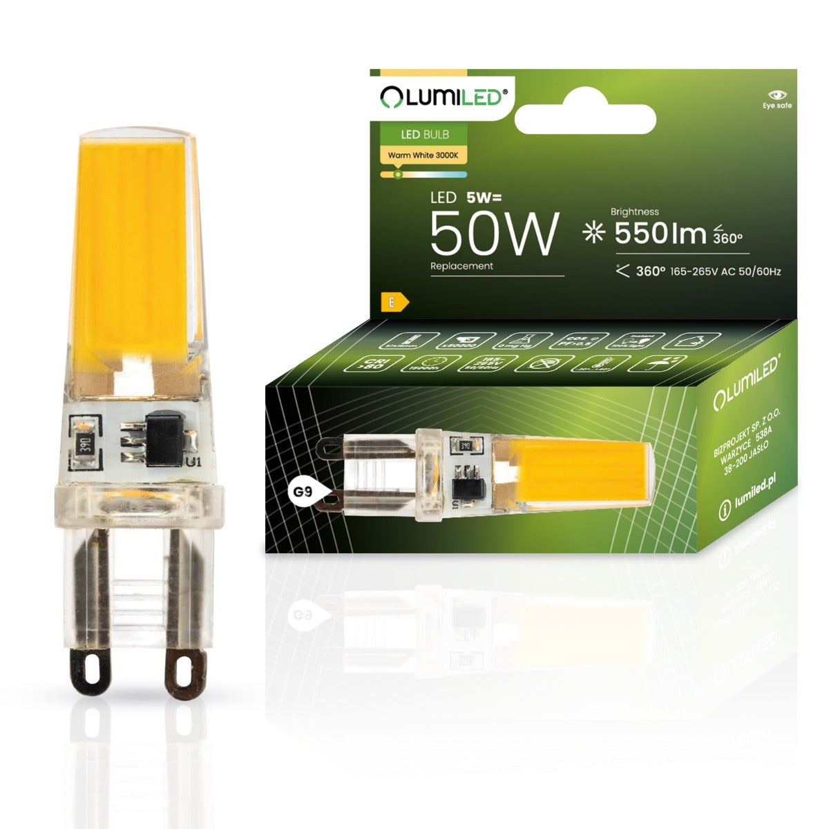 Żarówka LED Lumiled G9 Kapsułka 5W 550lm 3000K Ciepła biel 360st Filament 1 szt.