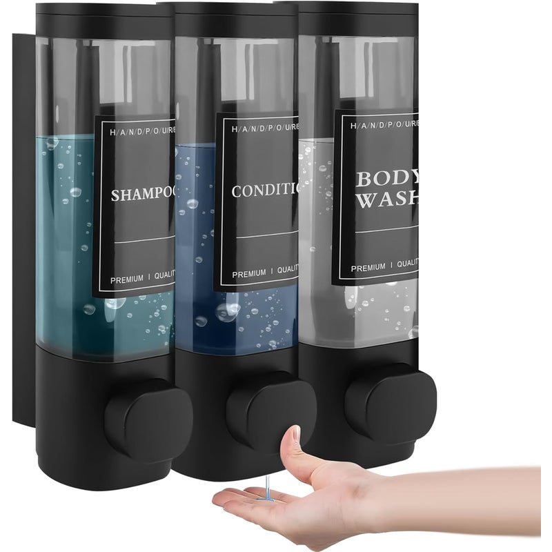 Dozownik do mydła ścienny, Dozownik żelu pod prysznic, Potrójny dozownik szamponu i odżywki bez wiercenia ABS 300ML*3 (Czarny)
