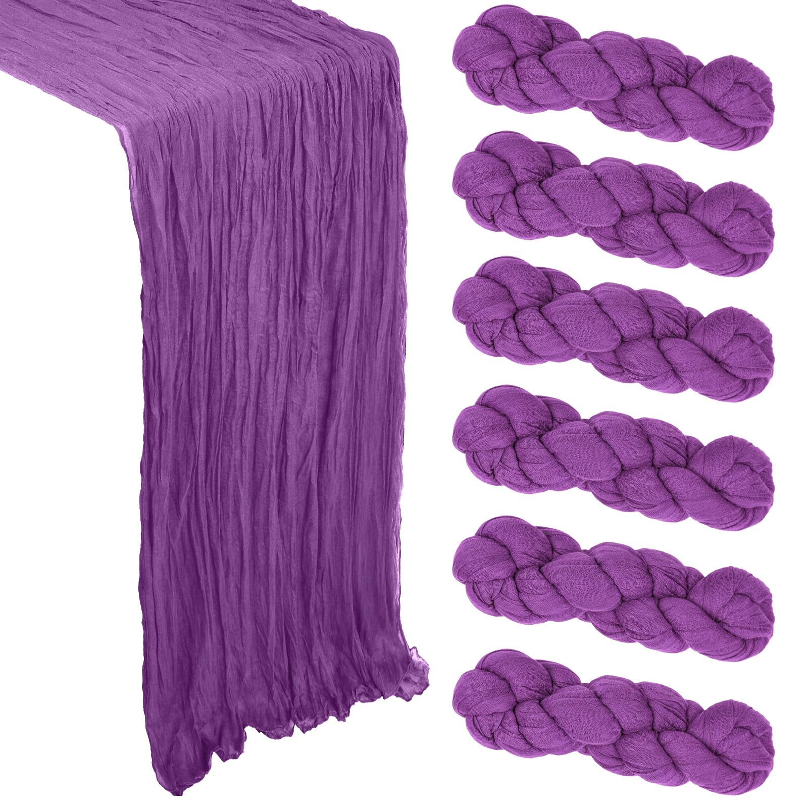 Zestaw 6 fioletowych bieżników z muślinu, 90 x 300 cm, dekoracja w stylu boho na wesela i przyjęcia