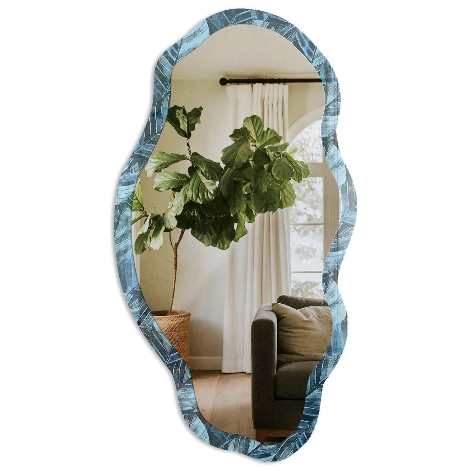 Nowoczesne lustro z designerską ramą szklaną – dekoracja wnętrz - Niebieskie liście 52x97cm
