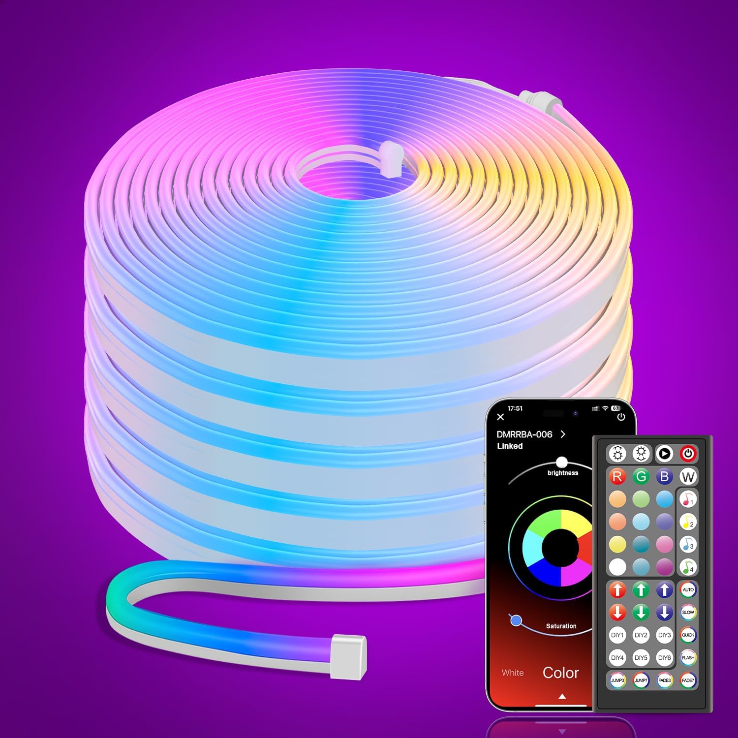 15M Taśma LED Neonowa Elastyczna 5050RGB - 6W/m 120 LED/m 24V - Sterowanie aplikacją i pilotem - Wodoodporna IP65