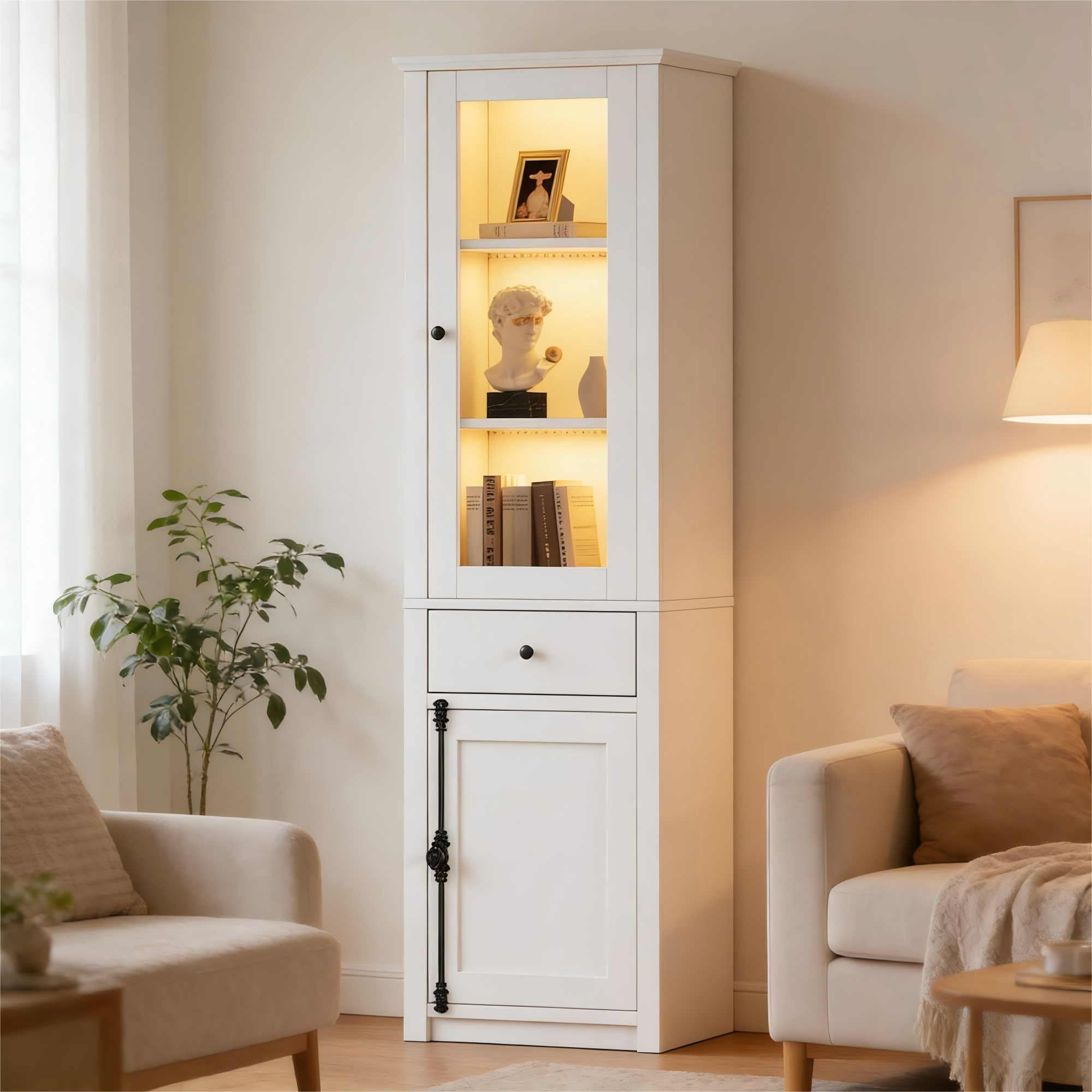 Witryna 55x40x200 cm - Wysoka szafka z 2 drzwiami i 1 szufladą - Oświetlenie LED - Płyta wiórowa i szkło - Biała