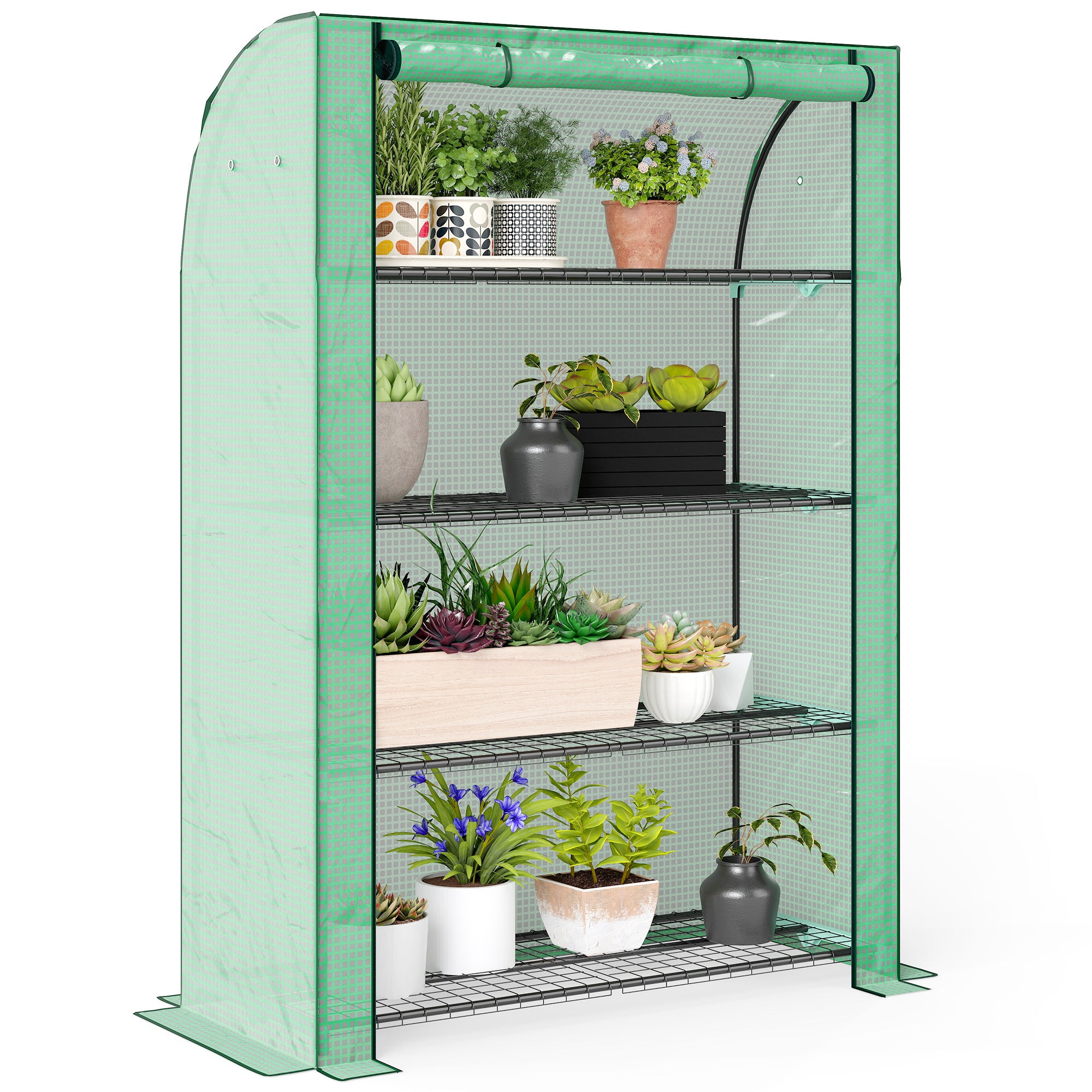 Mini szklarnia 4-poziomowa 170x120x50 cm, zielona, wzmocniona PE, drzwi zwijane, półki druciane – na zewnątrz i do środka.