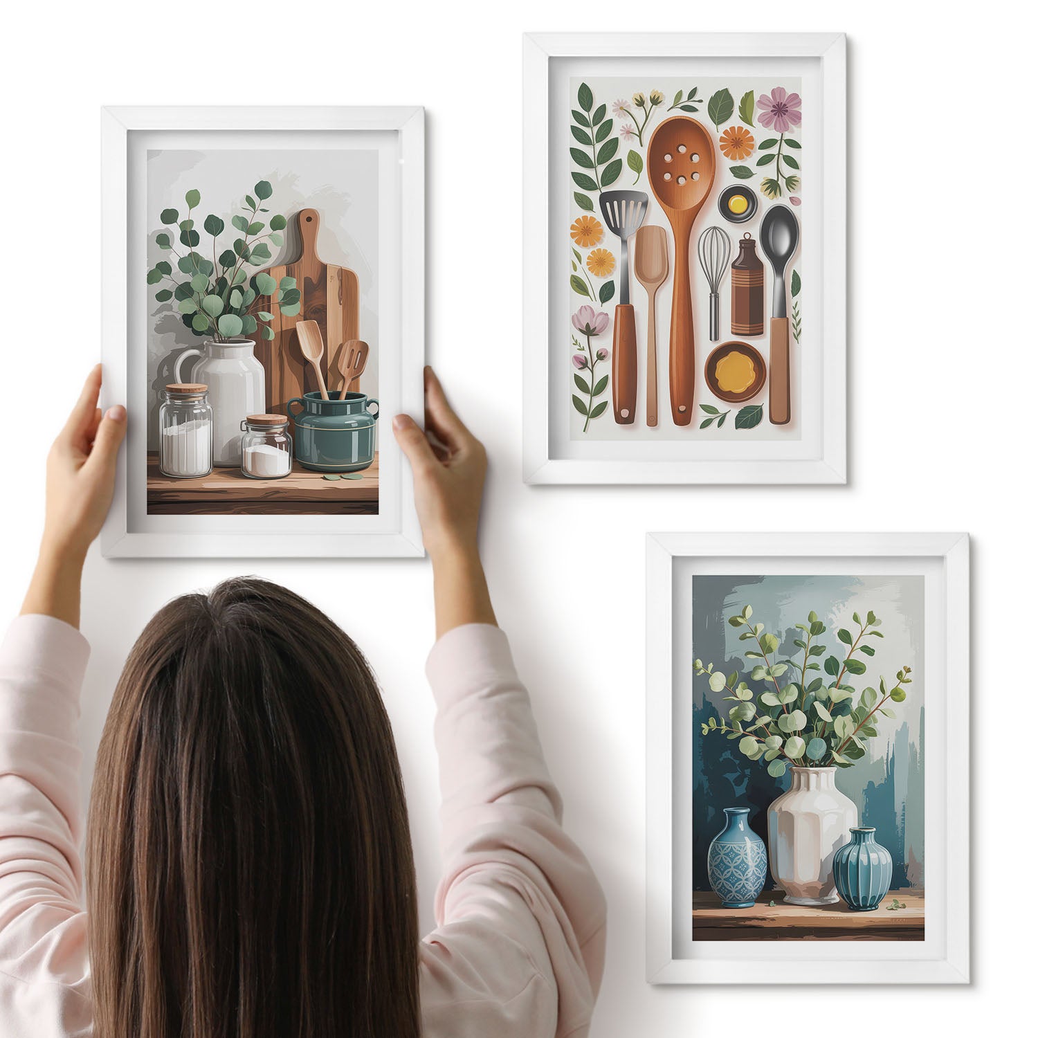 Galeria ścienna 3-częściowy komplet obrazów w białych ramach - Kuchenne akcesoria z roślinami w stylu nowoczesnym - ArtPrintCave