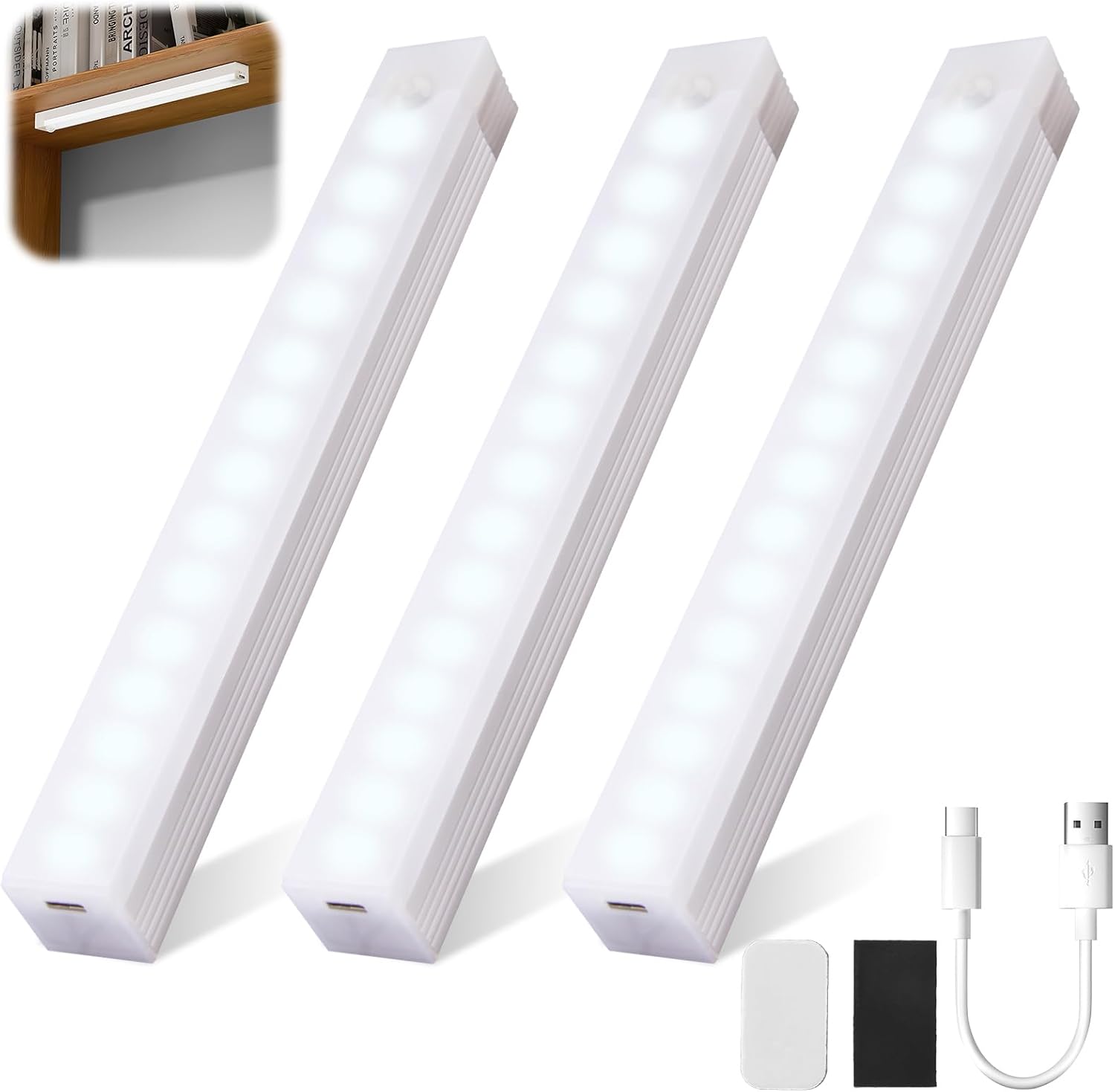 Lampa LED z czujnikiem ruchu, ładowana przez USB-C, magnetyczna, do szafek, schodów i kuchni, opakowanie 3 szt., 50 cm, światło białe.